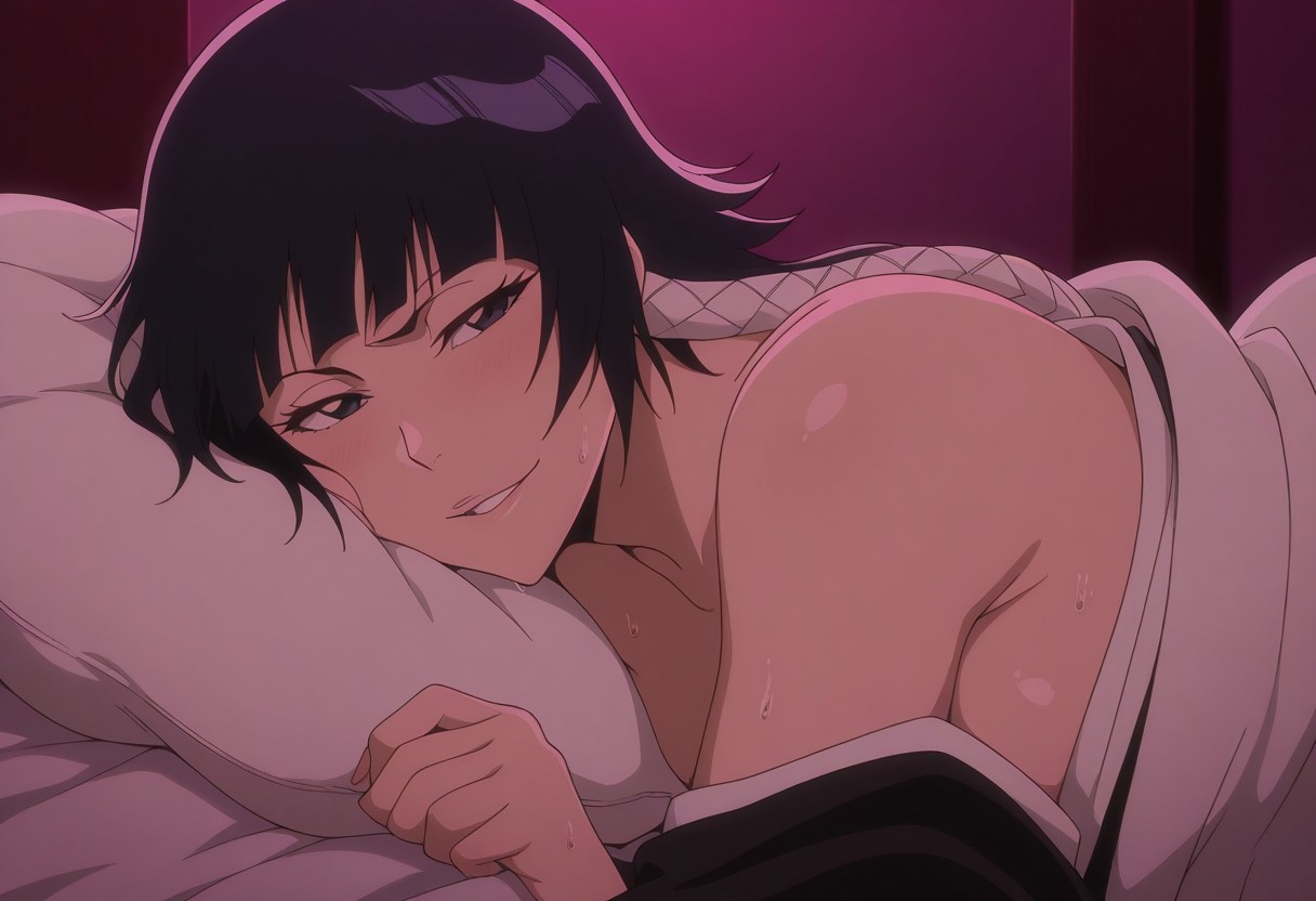 ai generated, bed, black hair, bleach, civitai, clothing, female, pose, seductive, soifon, sui-feng