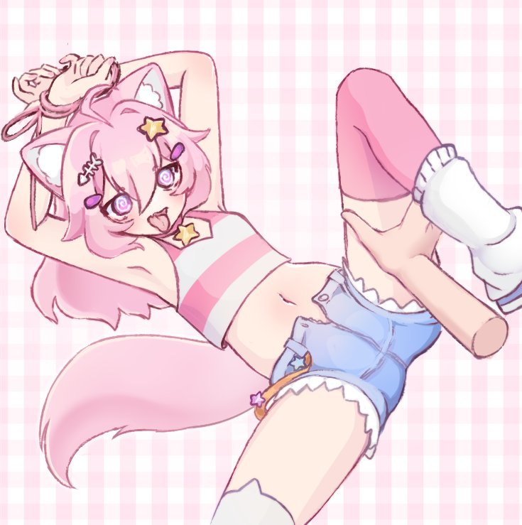 1girls armpits cat_ears cat_tail catgirl disembodied_hand female flat_chest heat in_heat indie_virtual_youtuber jean_shorts neehiime original_character spread_legs tagme tied_hands twitter_user_oc virtual_youtuber vtuber youtuber