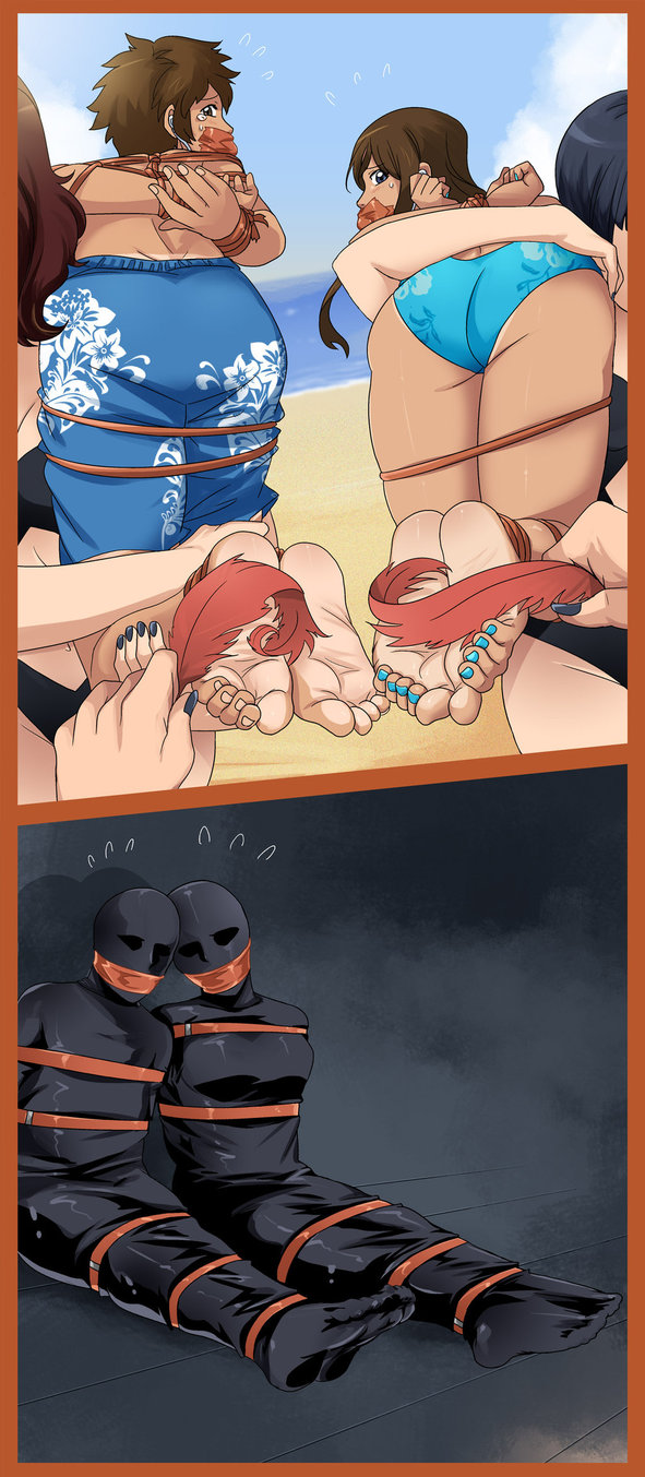 arms behind back, barefoot, beach, bisexual, blue toenails, bondage, brother and sister, captured, clothed, crying, duo, feet, female, femsub, gag, kneeling, lostonezero, male, male and female subs, malesub, multiple subs, rope, soles, stuffed mouth gag, sweat, swimsuit, tape gag, tickling, tied, toenail polish