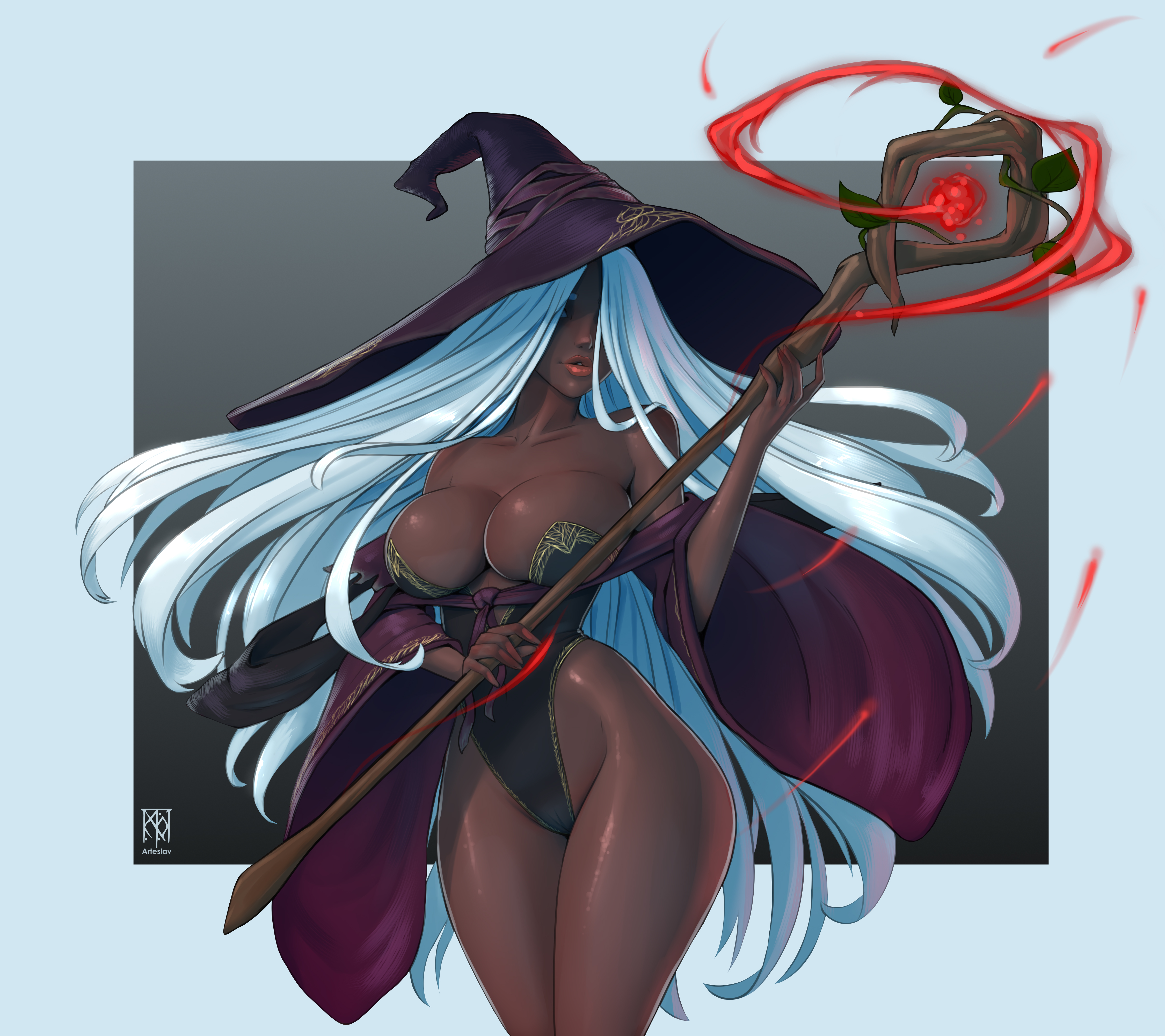 1girls, 2d, absurd res, arteslav, bare shoulders, big breasts, black leotard, breasts, cleavage, collarbone, dark skin, dark-skinned female, detached sleeves, elden ring, elden ring nightreign, female, fromsoftware, hair over eyes, highleg leotard, highres, holding staff, impossible clothes, large breasts, leotard, long fingernails, long hair, off shoulder, pink lips, purple nails, recluse (nightreign), slender waist, solo, staff, strapless leotard, very dark skin, very long hair, white hair, wide hips, wide sleeves, witch, witch hat