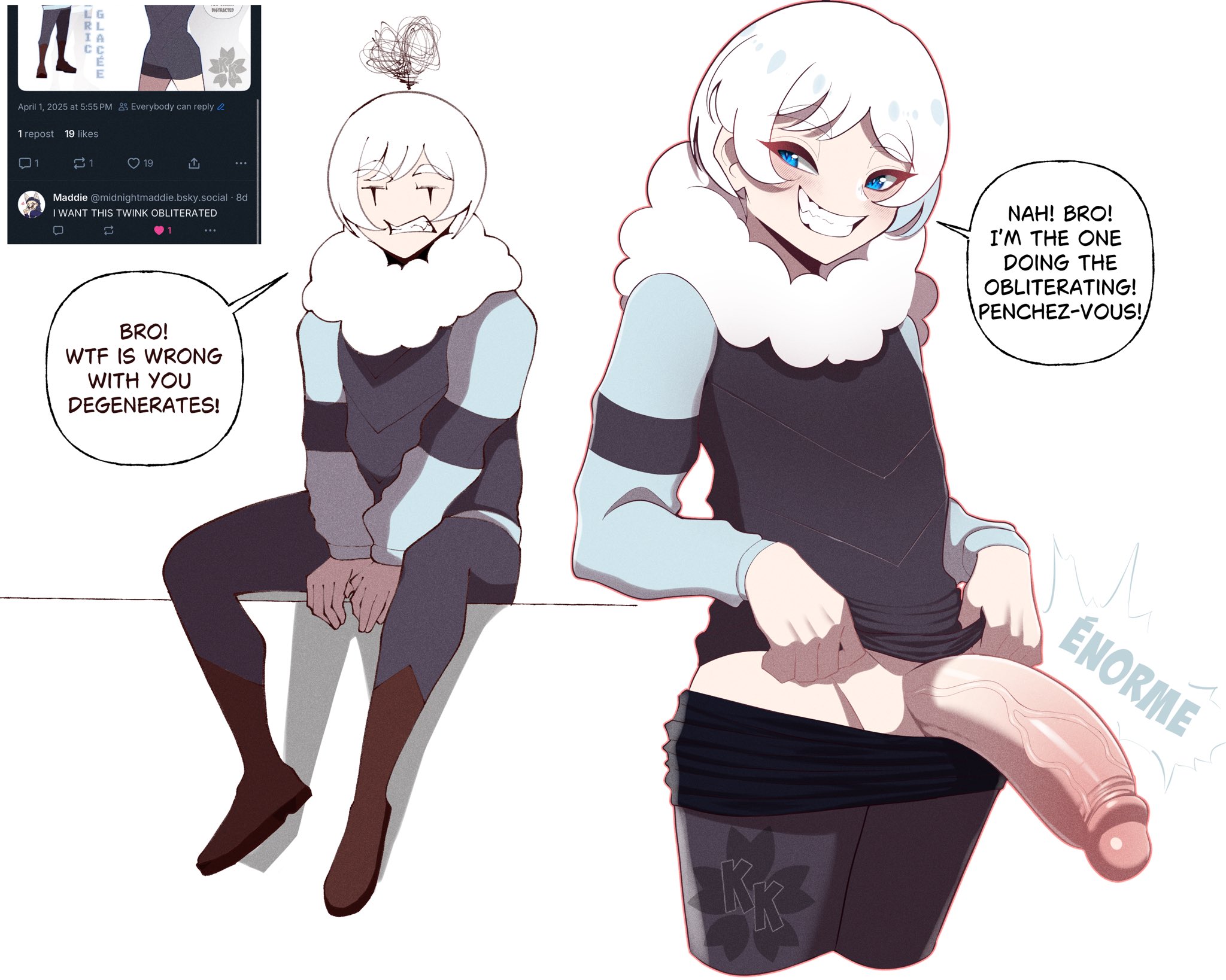 1boy, 2025, big penis, blue eyes, dialogue, english text, femboy, feminine male, girly, grin, grinning at viewer, hi res, hung femboy, hung trap, kokoe, looking at viewer, male, male only, melric glacee (kokoe), narrowed eyes, naughty face, original, penis, penis out, short hair, showing off, showing penis, smiling, smiling at viewer, solo, speech bubble, veiny penis, white background, white hair