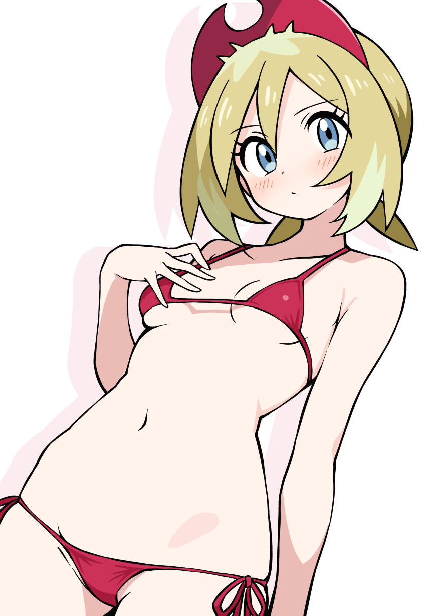 1girls, 2d, 2d (artwork), alternate costume, bangs, belly, belly button, bikini, blonde hair, blue eyes, blush, closed mouth, clothed, clothes, clothing, collarbone, cute, double-parted bangs, drop shadow, ecgg (tsuji418477), expressionless, female, flat belly, from below, hat, headwear, hourglass figure, human, irida (pokemon), light skin, light-skinned female, looking at viewer, medium hair, micro bikini, navel, neutral expression, nintendo, pale skin, pale-skinned female, pokemon, pokemon legends: arceus, red bikini, red hat, red headwear, red swimsuit, shaved crotch, side-tie bikini, side-tie bikini bottom, simple background, slim waist, small breasts, solo, standing, stomach, straight hair, sweet, swimsuit, tied hair, underboob, upper body, viewed from below, white background, wide hips