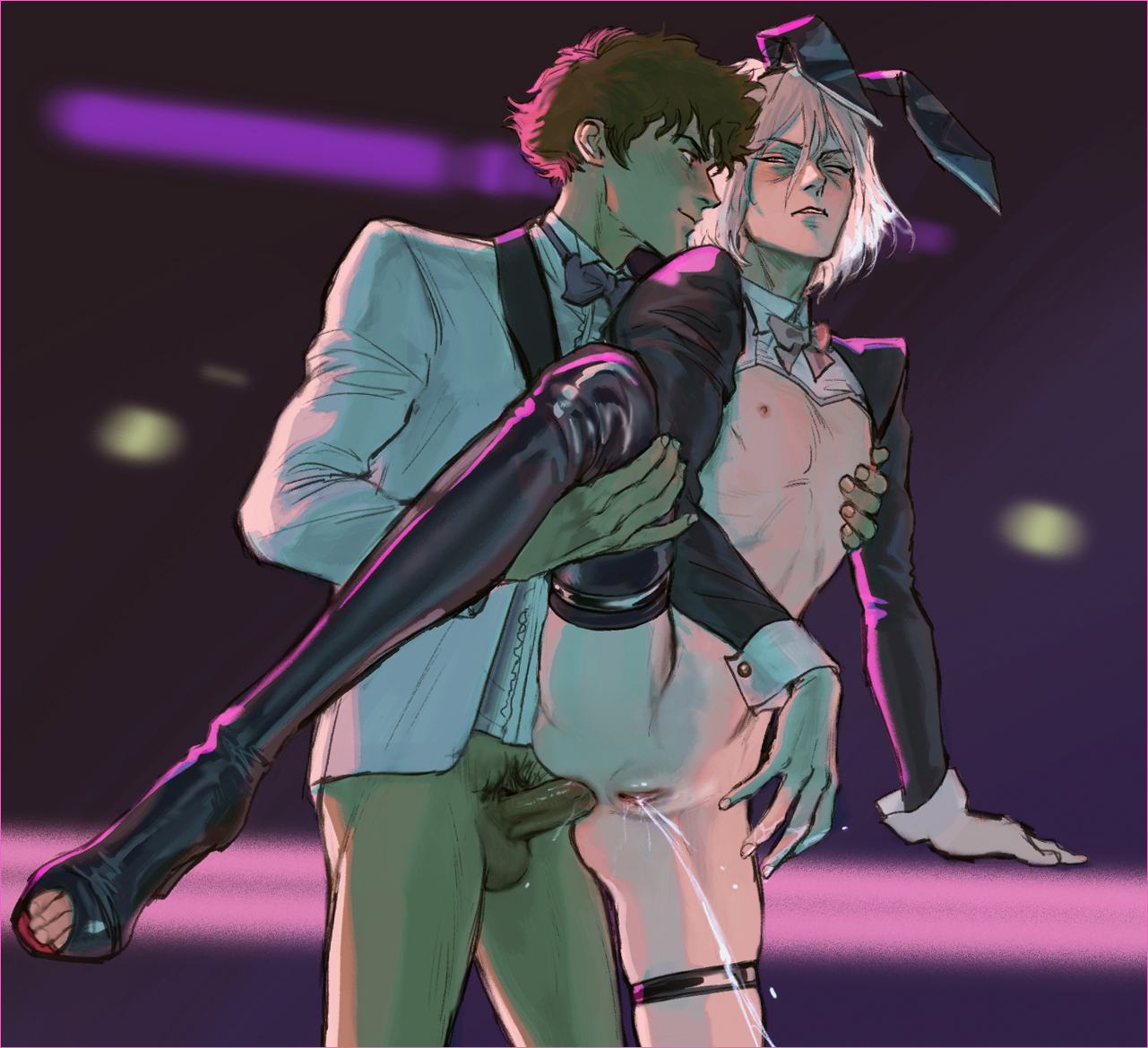 anal, balls, bunnysuit, cock, cowboy bebop, cuntboy, cuntboy/male, gay, gay sex, green hair, half-dressed, intersex, male, nightclub, nipples, pale skin, penis, pubic hair, pussy, pussy juice, reverse bunnysuit, smug, spike spiegel, squirting, tan skin, vicious (cowboy bebop), white hair