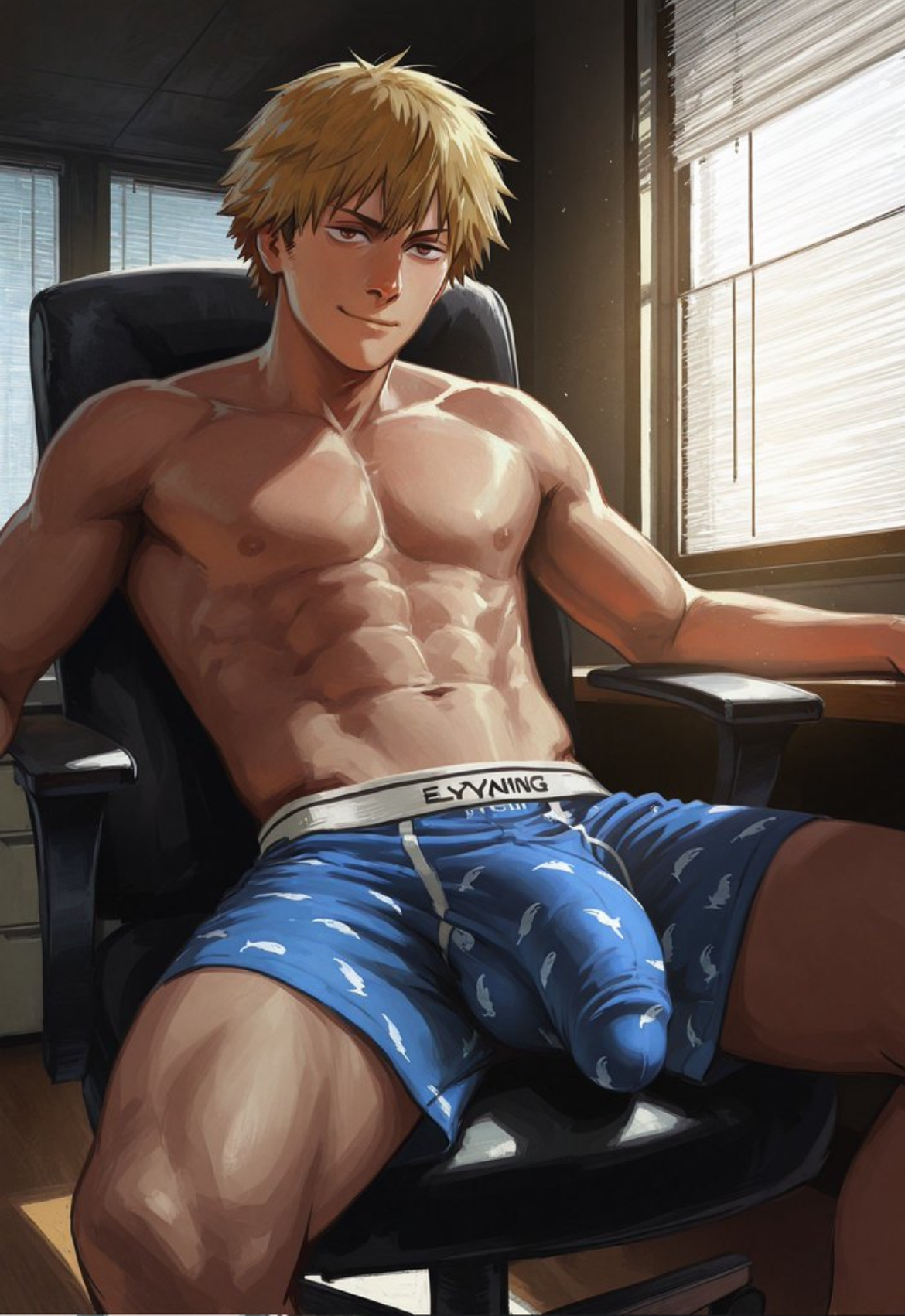 abs, ai generated, amber eyes, beefy, blonde hair, blue boxers, blue underwear, chainsaw man, denji (chainsaw man), desk, male, male only, muscular, muscular male, office chair, solo, solo male, windows, yoichisai
