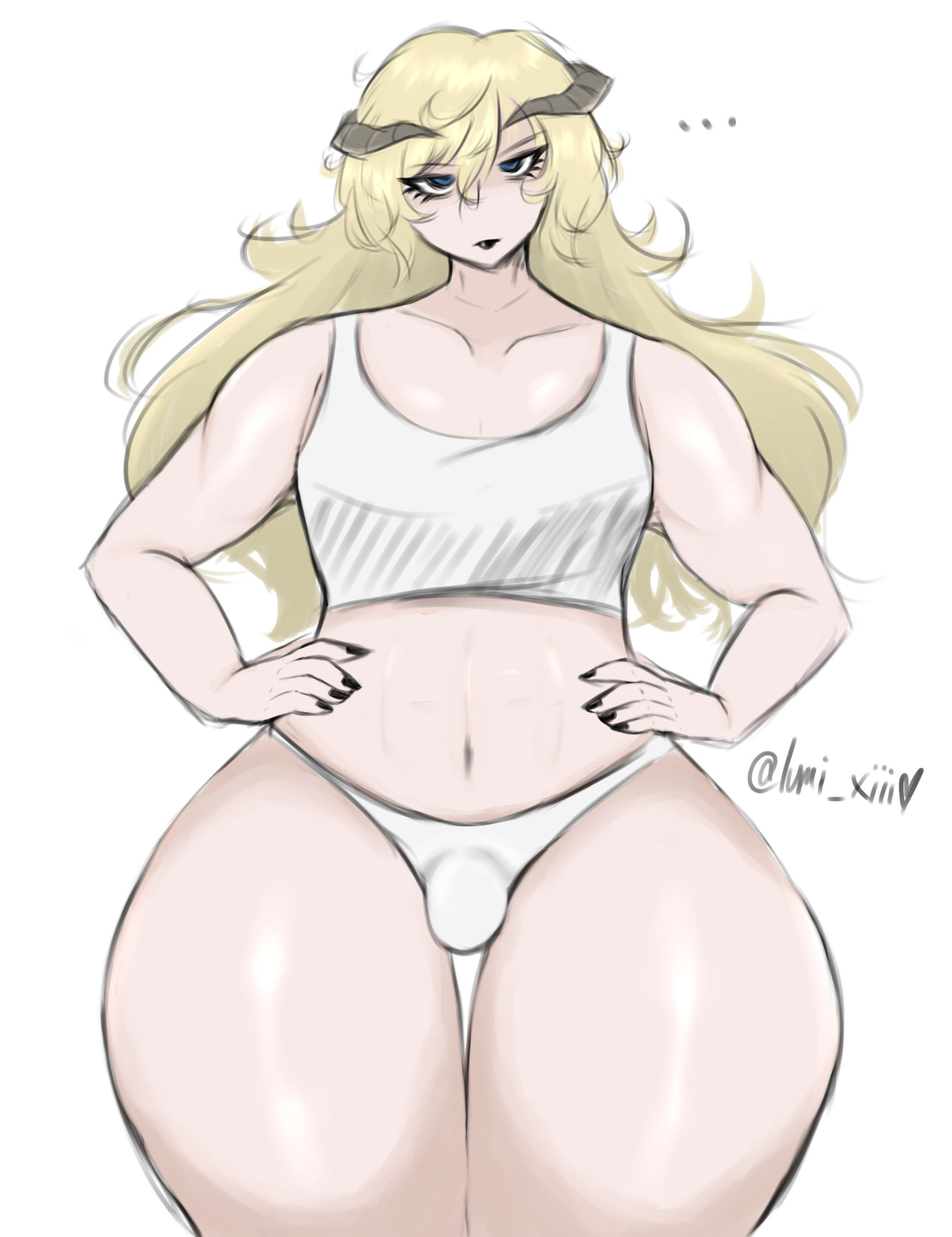 ..., 1boy, abs, atlus, black lipstick, black nail polish, blonde hair, bulge, clemar, curly hair, curvaceous, curvaceous male, eyelashes, femboy, hands on hips, horns, light skin, light-skinned male, long hair, louis guiabern, lumi xiii, male, male only, metaphor: refantazio, nail polish, pale skin, pale-skinned male, panties, sketch, solo, tank top, thick thighs, twink, unimpressed, white background