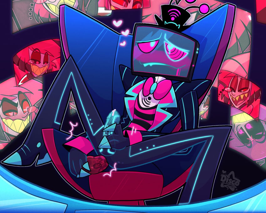 alastor (hazbin hotel), dildo, disco draws, hazbin hotel, hearts around head, lip bite, masturbation, solo focus, spread legs, vox (hazbin hotel), yaoi