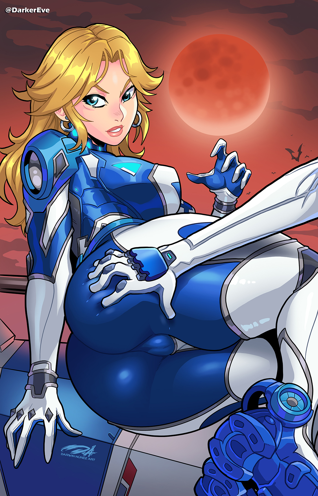 1girls, 2d, ass, blonde hair, blue eyes, bodysuit, breasts, clothed, clothed female, darkereve, earrings, fantastic four, female, female only, hand on ass, hi res, invisible woman, invisible woman (marvel rivals), large breasts, long hair, looking at viewer, marvel, marvel comics, marvel rivals, on side, red lips, smiling, smiling at viewer, solo, sue storm, thick ass, thick thighs