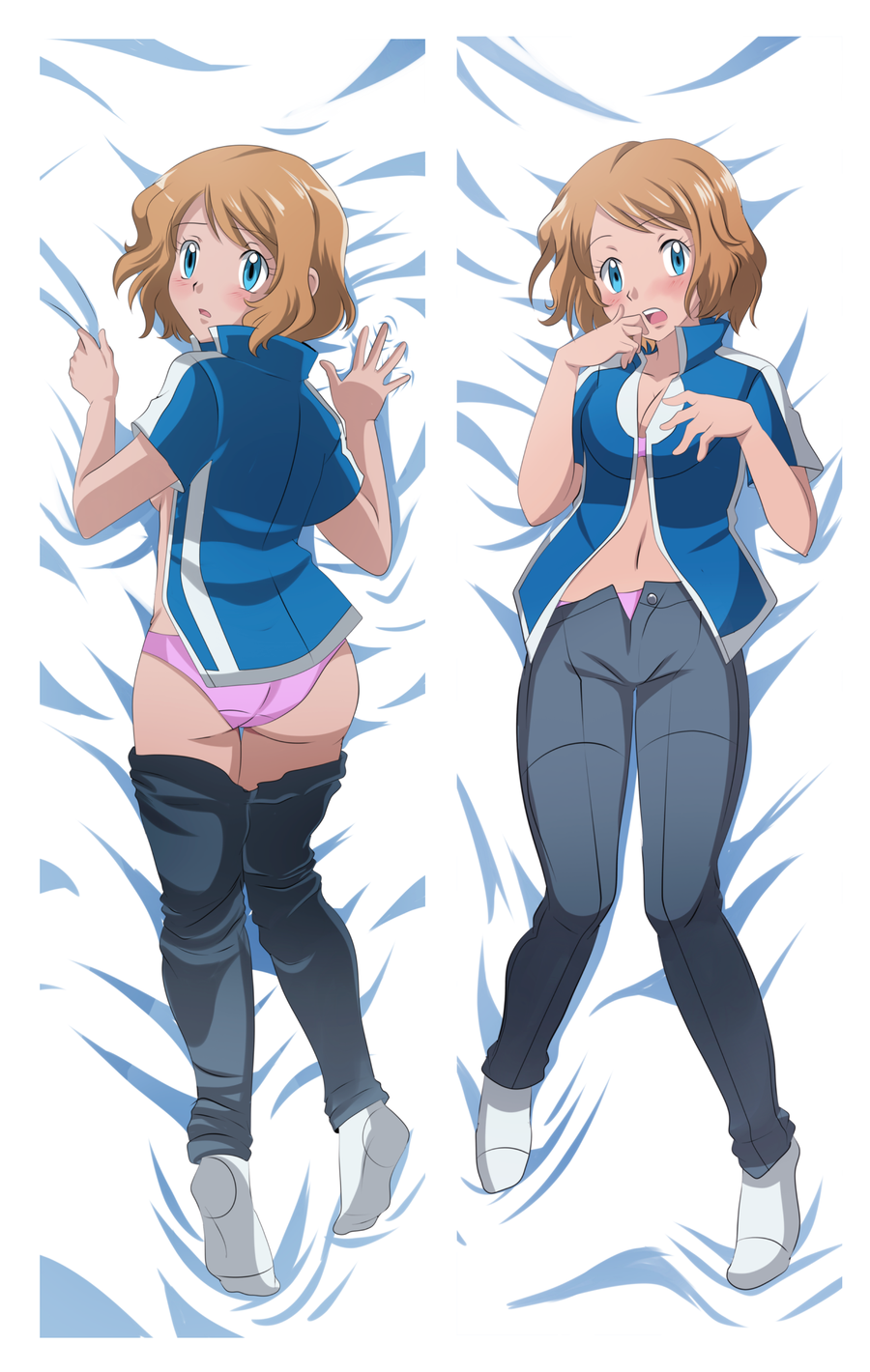 1girls ass back blue_eyes blush breasts brown_hair cleavage clothed crossdressing dakimakura female human human_only looking_at_viewer miyuki_tsukiyono navel open_mouth panties partially_undressed pink_panties pokemon satoshi_(pokemon)_(cosplay) serena_(pokemon) short_hair sideboob socks solo