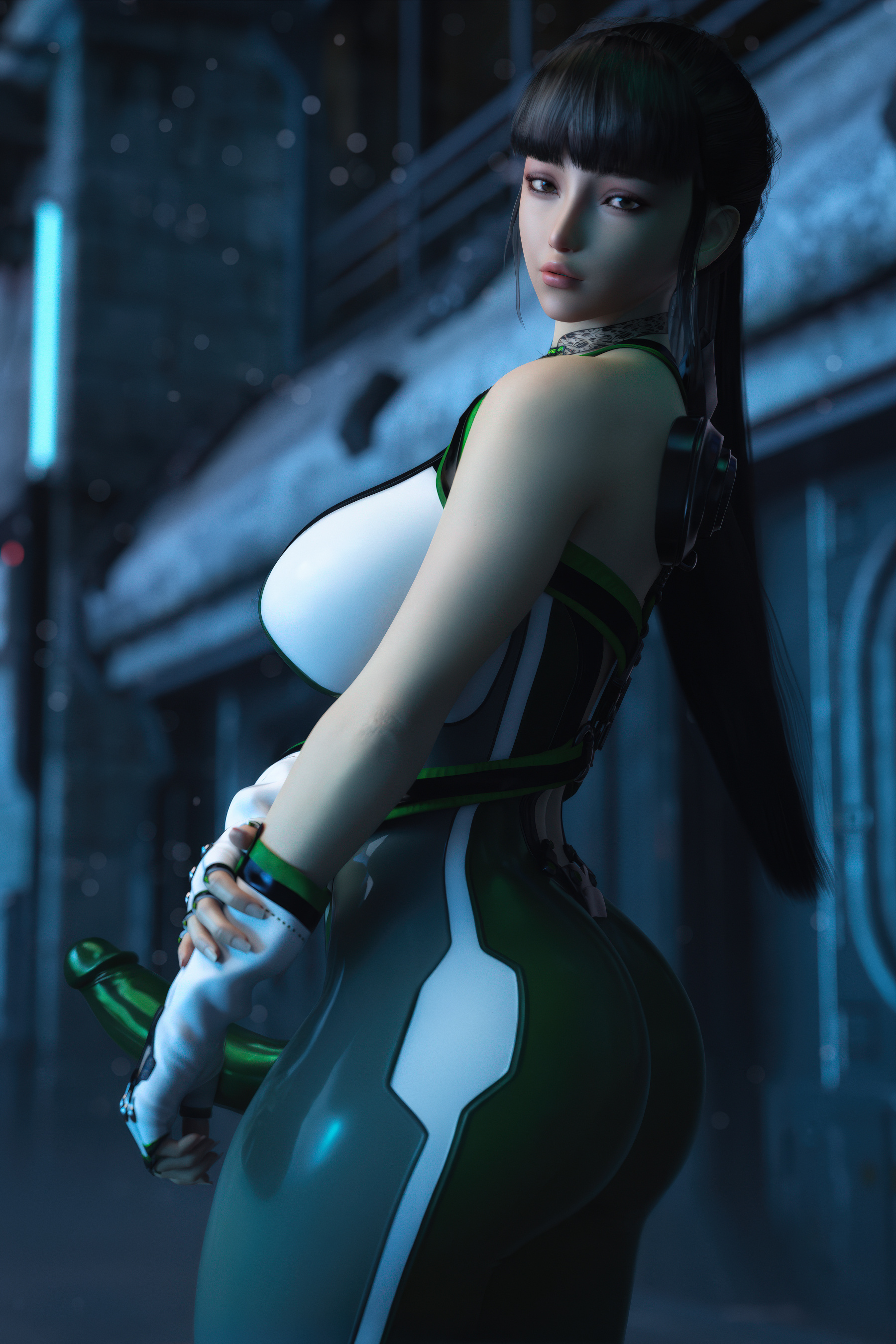 1futa, 3d, adapted costume, ass, big ass, big breasts, big penis, black hair, blurred background, blurry, blurry background, bodysuit, breasts, building, casual, casual erection, clothed, clothing, condom suit, erect penis, erection, eve (stellar blade), full body suit, futa only, futanari, gloves, green bodysuit, high quality, human, intersex, large breasts, latex cock, light skin, light-skinned futa, long fingernails, long hair, long nails, looking at viewer, looking back, looking back at viewer, night, night sky, nighttime, pale skin, penis, ponytail, snowing, solo, stellar blade, stevencarson, video game, video game character, video games