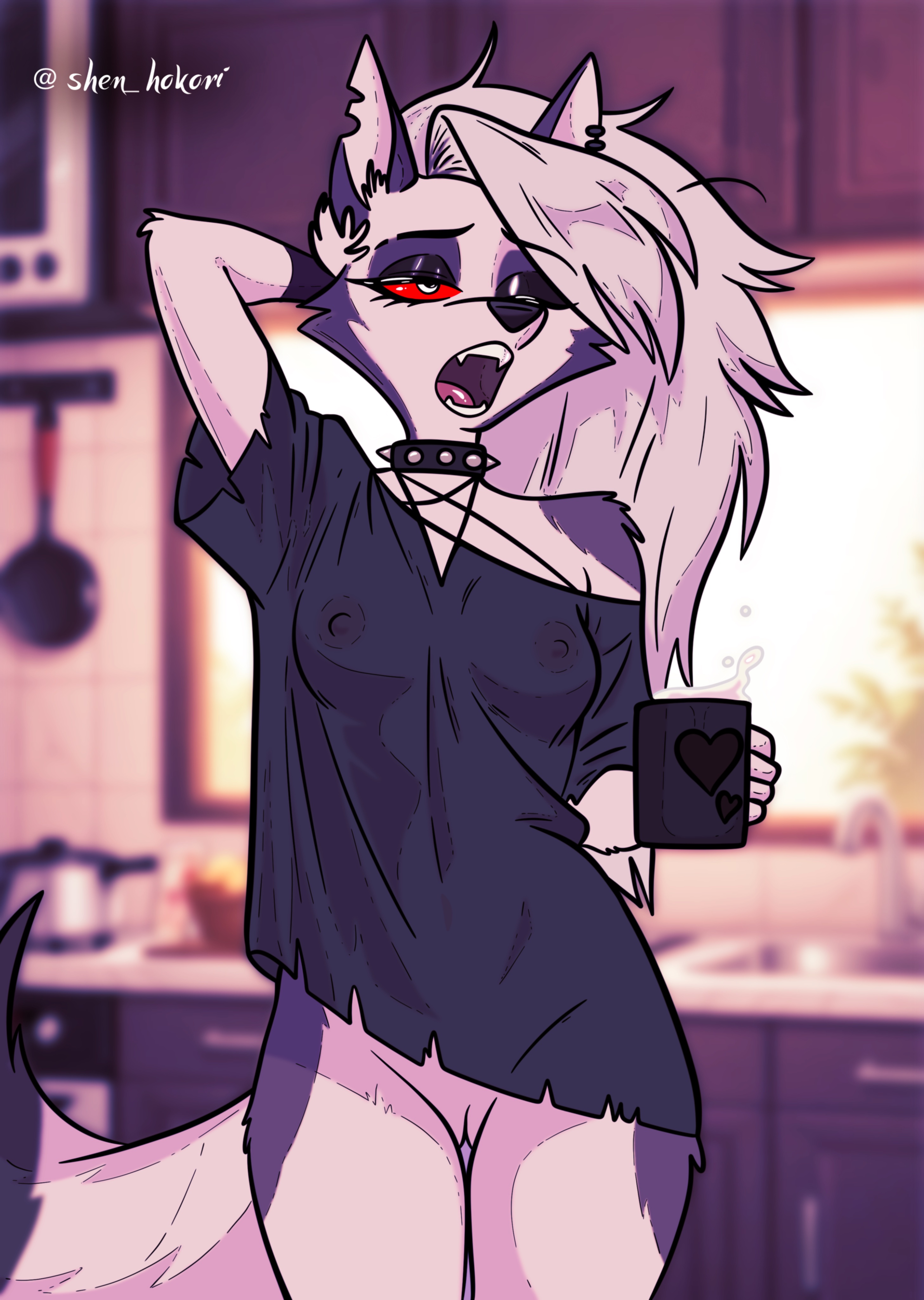 1girls, absurd res, animal ears, anthro, black choker, black jewelry, black necklace, blurred background, breasts, canid, canid demon, canine, choker, clothed, clothing, collar, container, covered nipples, cup, demon, female, fur, genitals, hair, hellhound, helluva boss, hi res, horn, jewelry, looking at viewer, loona (helluva boss), mammal, mythological canine, mythological creature, mythology, necklace, nipples, no bra, open mouth, piercing, portrait, red eyes, red sclera, sharp teeth, shen hokori, small breasts, solo, standing, tail, teeth, three-quarter portrait, torn clothing, translucent, white body, white fur, wolf tail