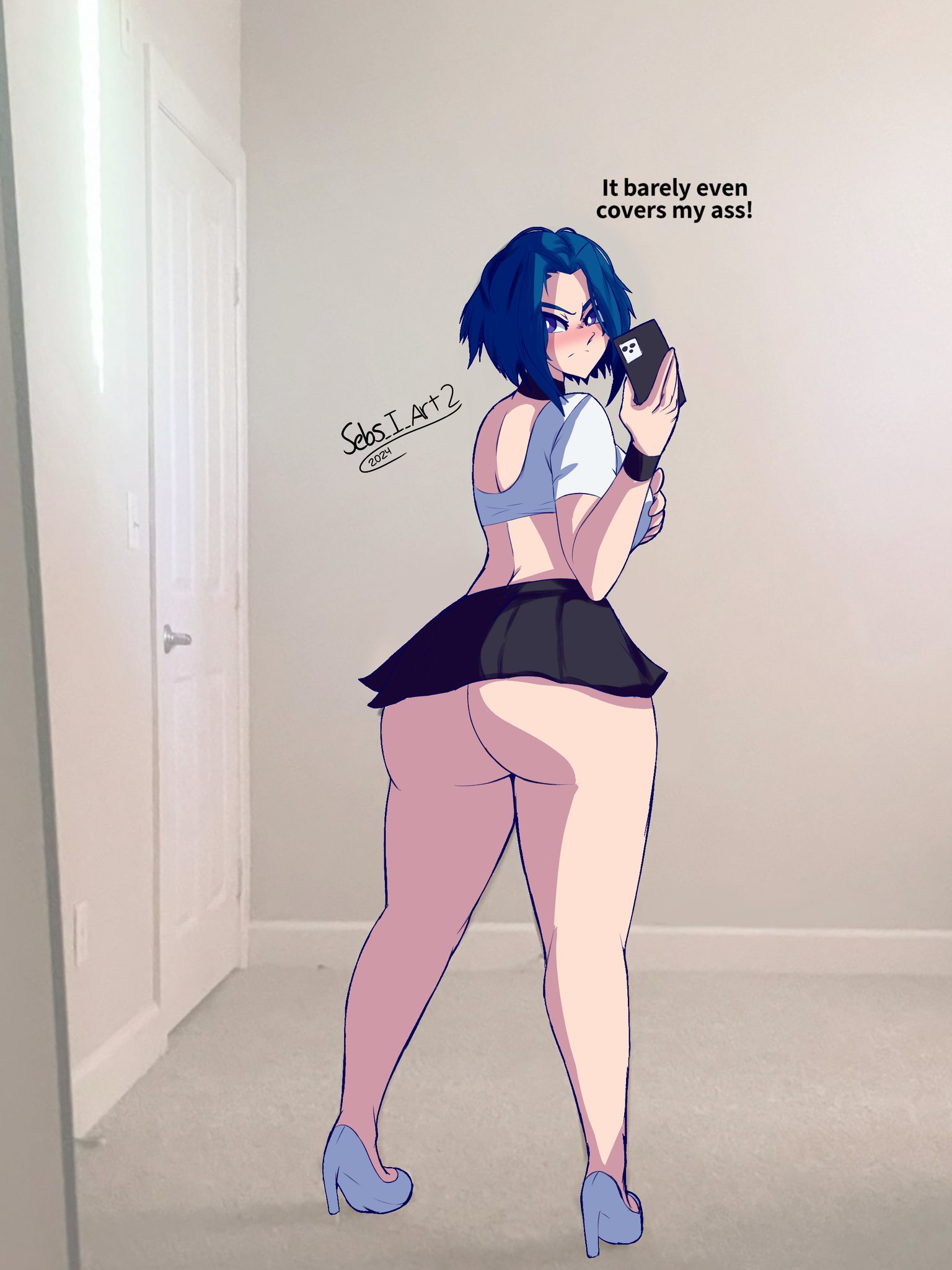 1girls, ass, ass focus, ass hanging out, ass hanging out of skirt, ass selfie, big ass, big breasts, blue eyes, blue hair, bottomless, bottomless skirt, breasts, choker, clothed, embarrassed, female, female focus, female only, from behind, high heels, huge ass, looking at viewer, looking back, miniskirt, no panties, original, original character, rosetta (sebs i art), sebs i art, selfie, short hair, skirt, solo, solo female, solo focus, text, thick, thick thighs
