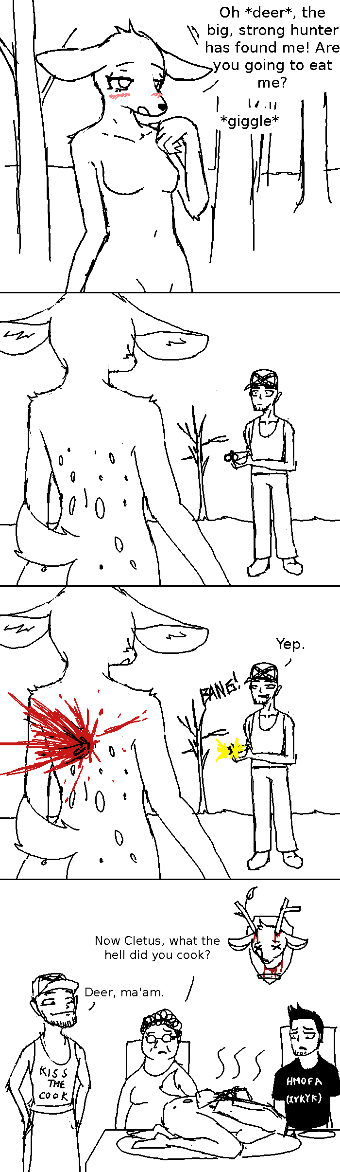 absurd_res anthro aroused blood blood_from_neck blood_splatter blush bodily_fluids branch cervine clothed clothed_human clothed_male clothing confederate_flag confederate_states_of_america corpse death decapitation deer dialogue dinner_table double_barrel_shotgun duo female female_death forest fur gore group gun gunshot hat headgear headwear hi_res holding_gun holding_object holding_ranged_weapon holding_shotgun holding_weapon hooves human humor hunter killing kiss_the_cook male mammal markings nude nude_anthro nude_female pivoted_ears plant plate ranged_weapon redneck severed_body_part severed_head shooting shooting_range shotgun spots spotted_back spotted_body spotted_fur tail tree trophy_head unknown_artist weapon x_eyes