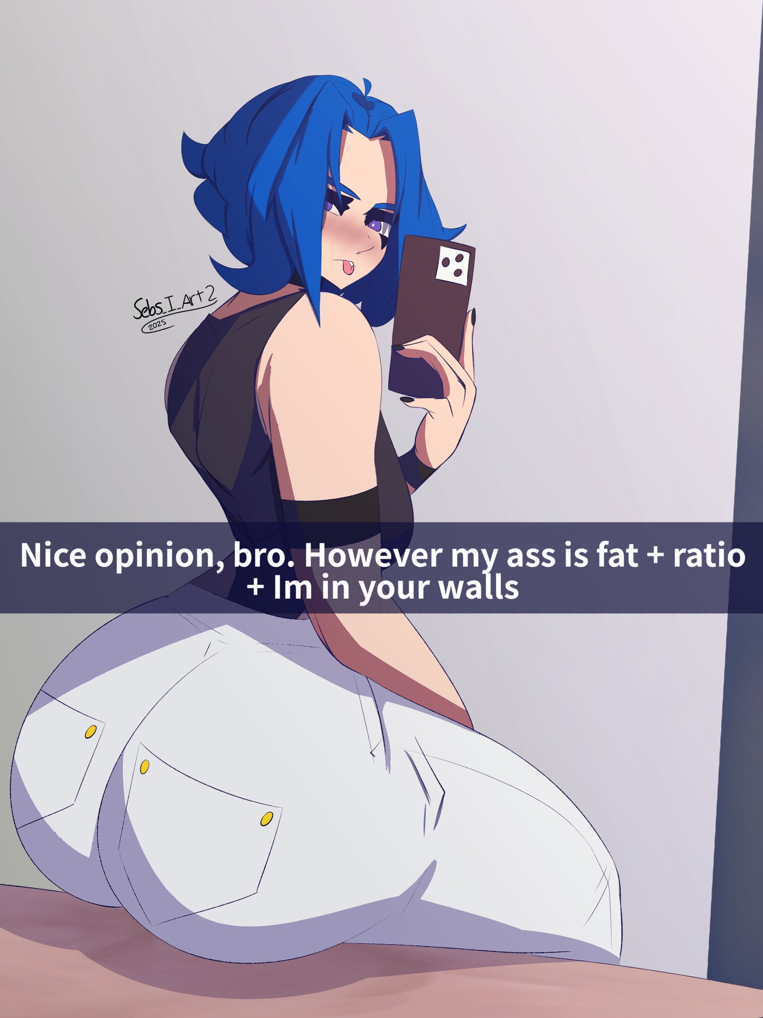 1girls, ass, ass focus, ass selfie, big ass, big breasts, blue eyes, blue hair, breasts, caption, fat ass, female, female focus, female only, from behind, huge ass, jeans, leotard, looking at viewer, looking back, original, original character, rosetta (sebs i art), sebs i art, selfie, short hair, sitting, solo, solo female, solo focus, text, thick, thick ass, thick thighs, tongue, tongue out