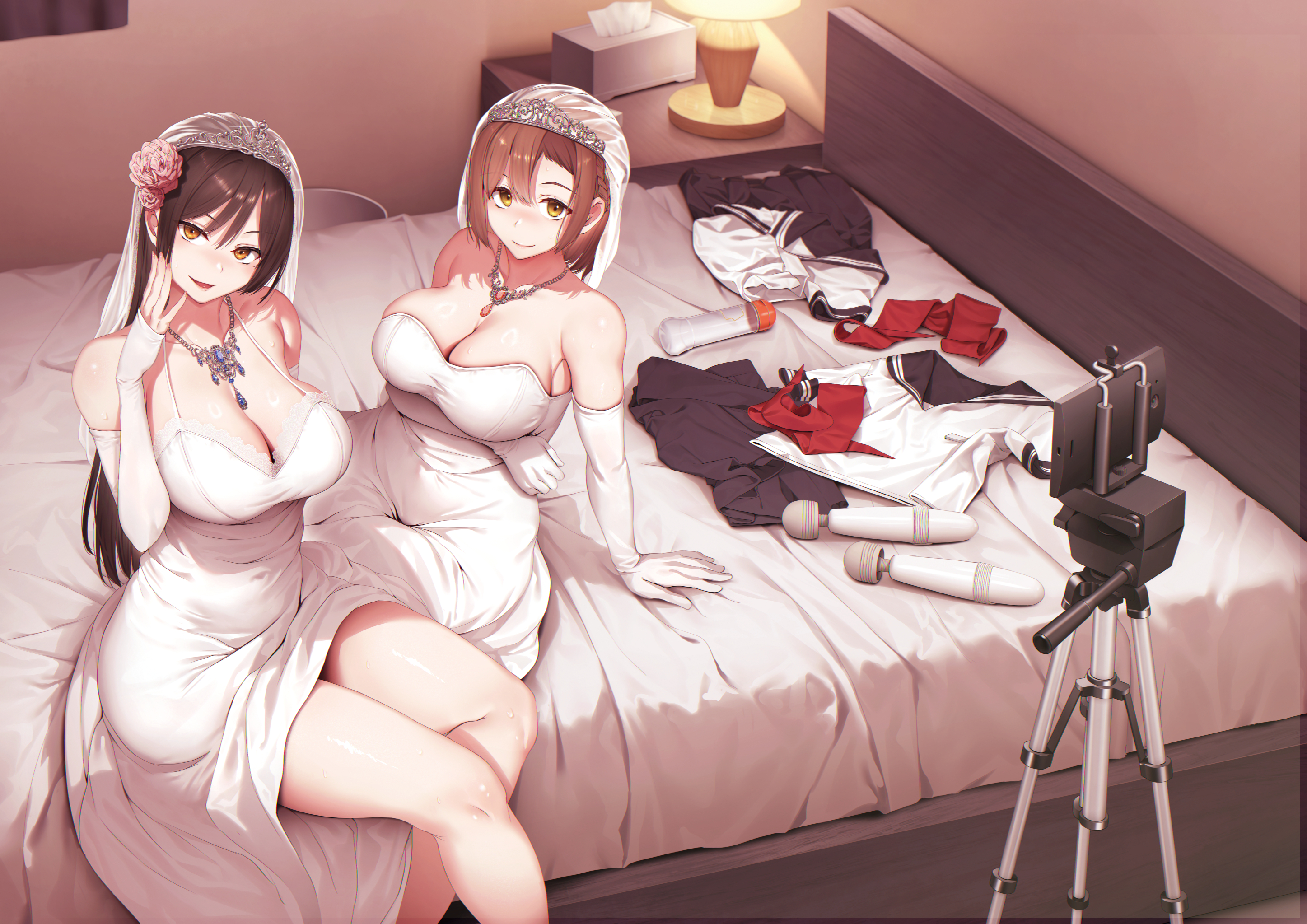 2girls, bed, breasts, camera, female, fujiwara emi, kyonyuu ga futariinai to bokkishinai otto no tame ni tomodachi o tsuretekita tsuma, large breasts, manga cover, okumura sae, on bed, original, serafuku, sex toy, tachibana omina, tomodachi o tsuretekita tsuma, wedding dress