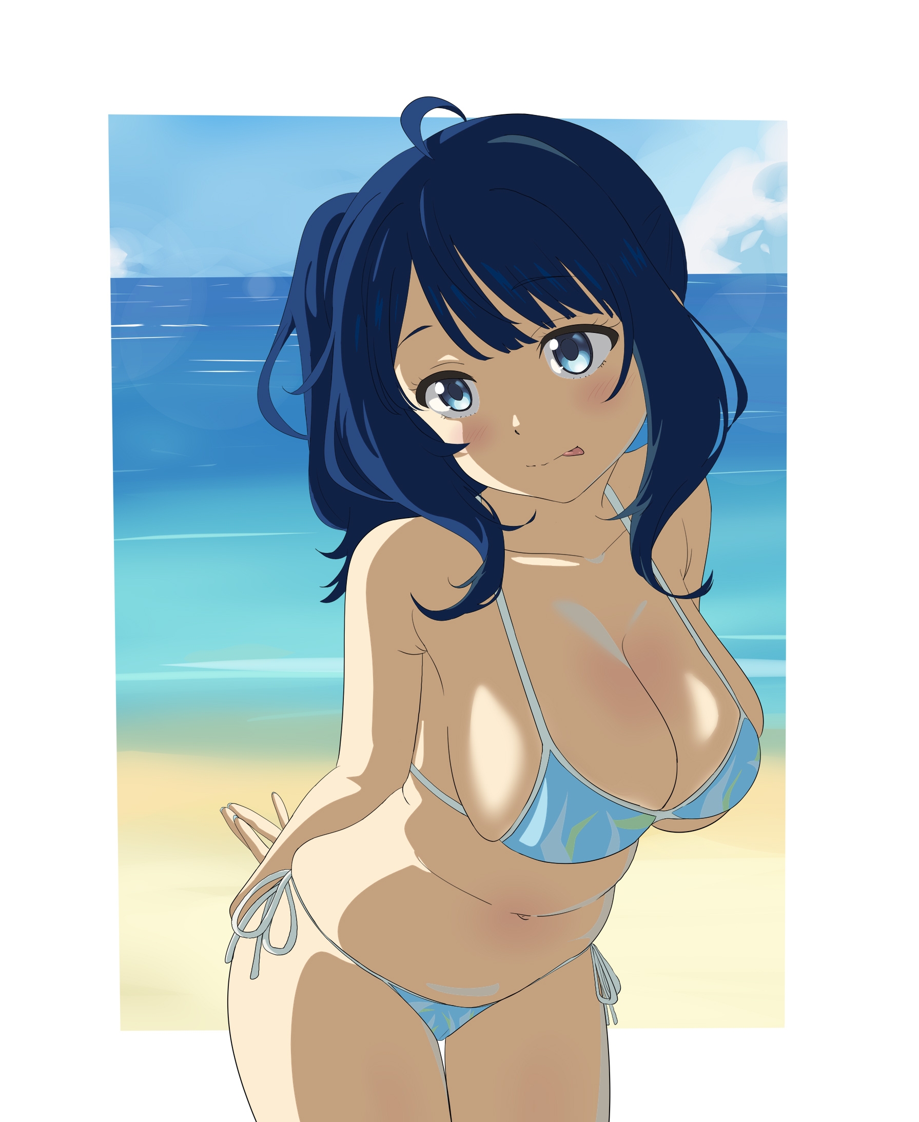 1girls, alternate hairstyle, arms behind back, big breasts, bikini, blue bikini, blue eyes, blue hair, blush, breasts, bursting breasts, busty, cleavage, female, female only, highres, large breasts, legs, make heroine ga oo sugiru!, medium hair, navel, ponytail, pose, posing, side-tie bikini bottom, sideboob, smile, solo, swimsuit, thighs, tongue, tongue out, voluptuous, yanami anna