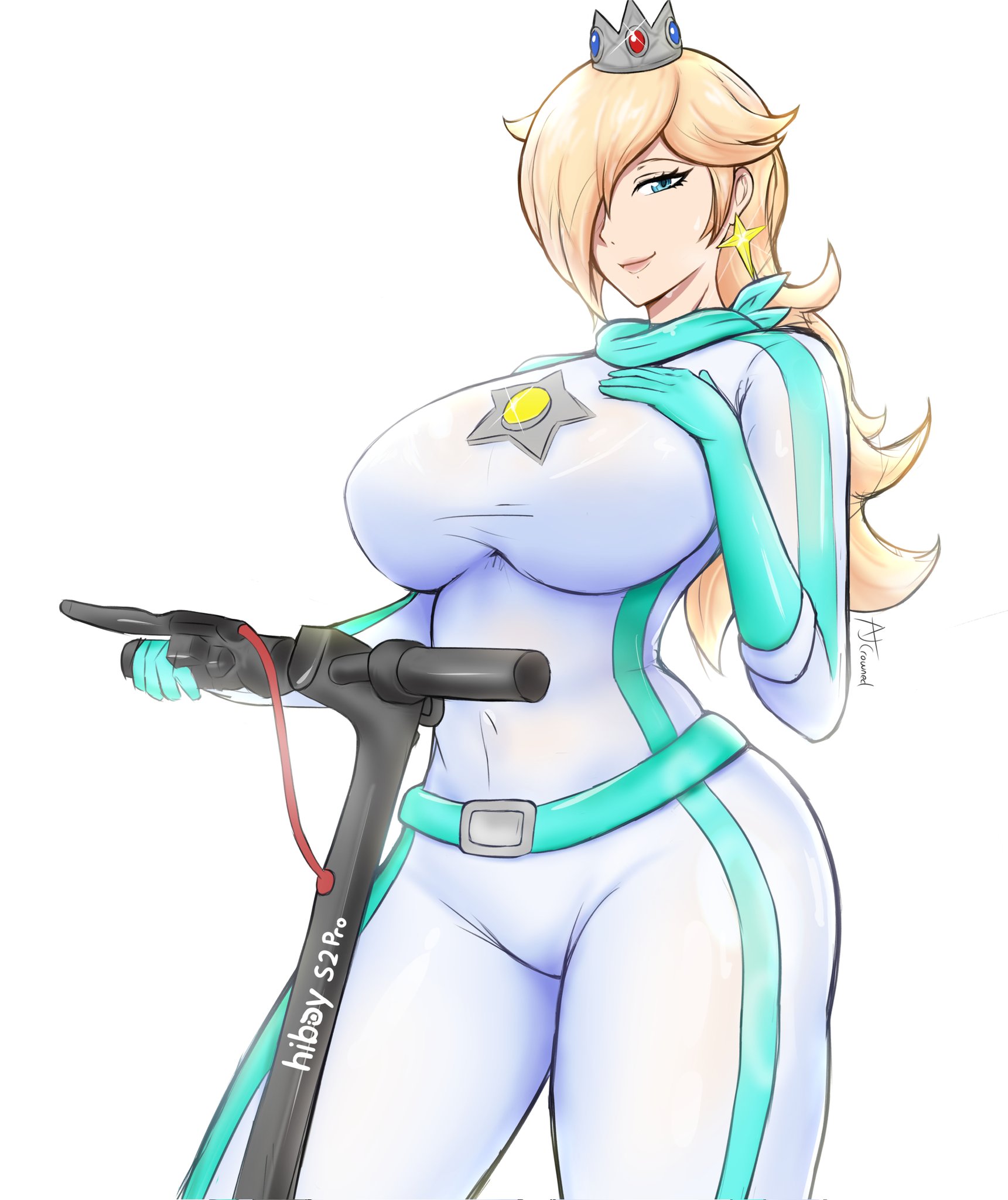 1girls, 5 fingers, ajcrowned, artist name, blonde hair, blue eyes, bodysuit, breasts, crown, earrings, female, female focus, female only, hair over one eye, highres, jewelry, jpeg, large breasts, long hair, looking at viewer, mario (series), mario kart, mario kart world, motor vehicle, nintendo, official alternate costume, princess rosalina, princess rosalina (aero), scooter, simple background, smile, solo, white background