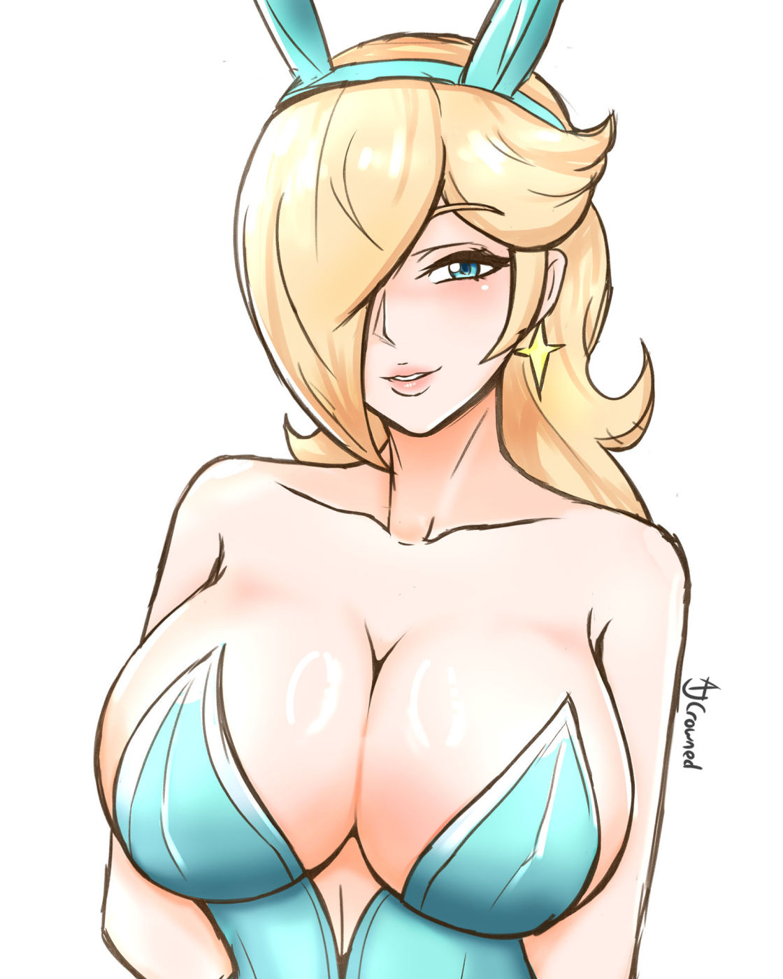 1girls, ajcrowned, animal ears, artist name, bare shoulders, blonde hair, blue eyes, blue leotard, breasts, cleavage, collarbone, earrings, english commentary, fake animal ears, female, hair over one eye, highres, jewelry, large breasts, leotard, looking at viewer, mario (series), nintendo, parted lips, playboy bunny, princess rosalina, rabbit ears, smile, solo, star (symbol), star earrings, strapless, strapless leotard, white background