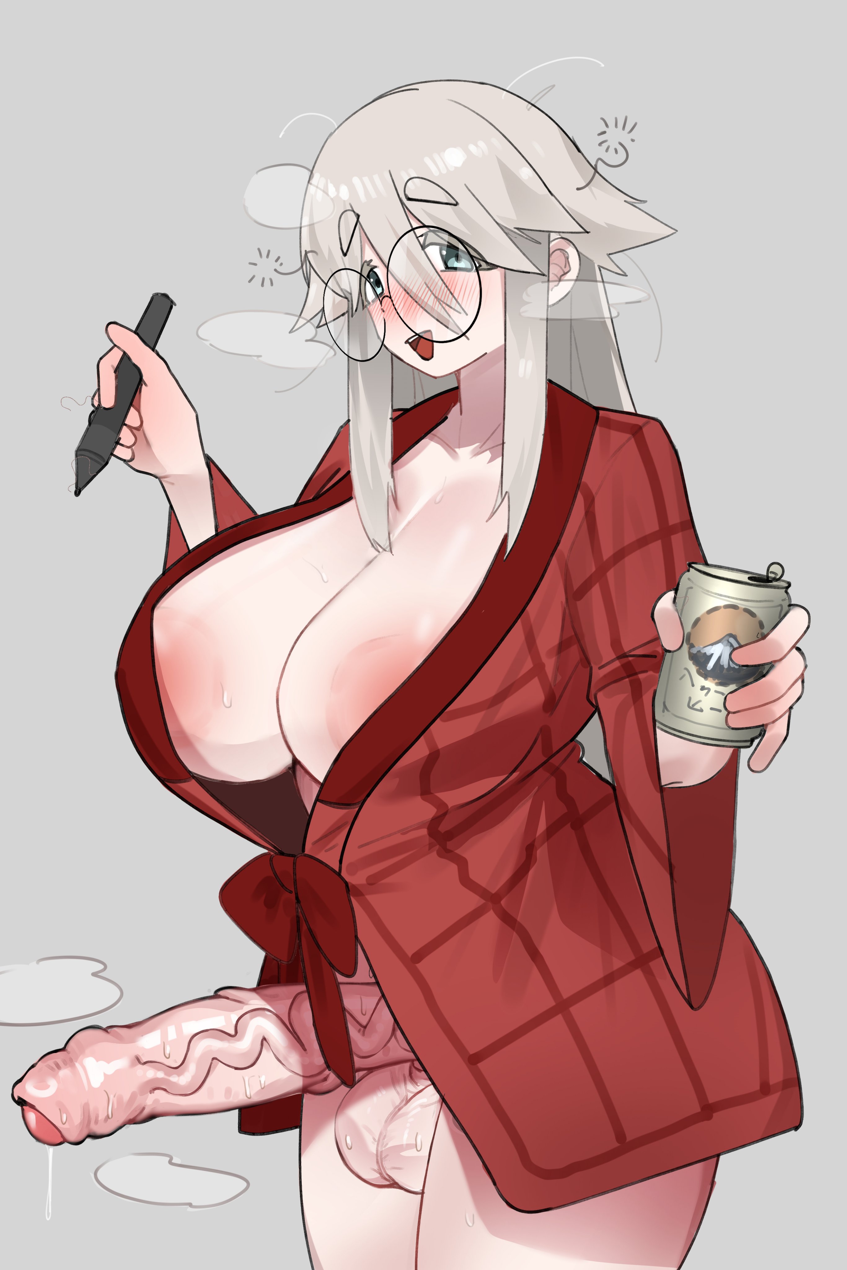 1futa, akiyama haruno, areolae, balls, big breasts, big penis, bottomless, breasts, clothed, clothing, erection, foreskin, futa only, futanari, glasses, huge cock, human, intersex, light skin, light-skinned futa, manga, no panties, partially clothed, penis, robe only, shangdong233, sketch, solo, uncircumcised, uncut