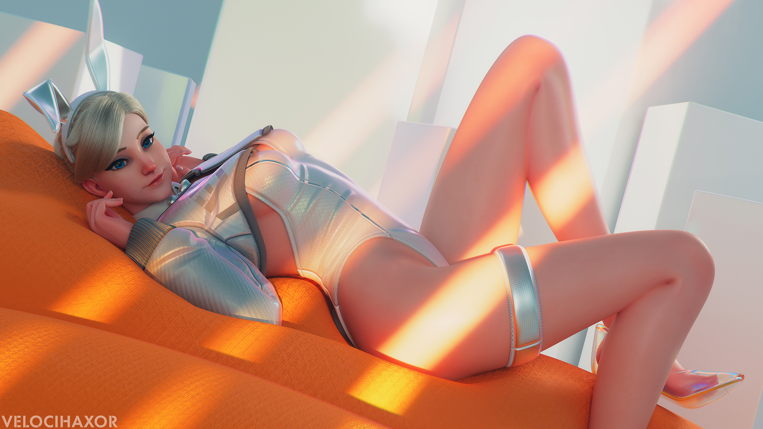 1girls, 2025, 3d, abstract background, angela ziegler, clothed, clothed female, detailed background, female, female only, high heels, looking at viewer, mercy, overwatch, overwatch 2, side view, skimpy, skimpy clothes, solo, tagme, velocihaxor