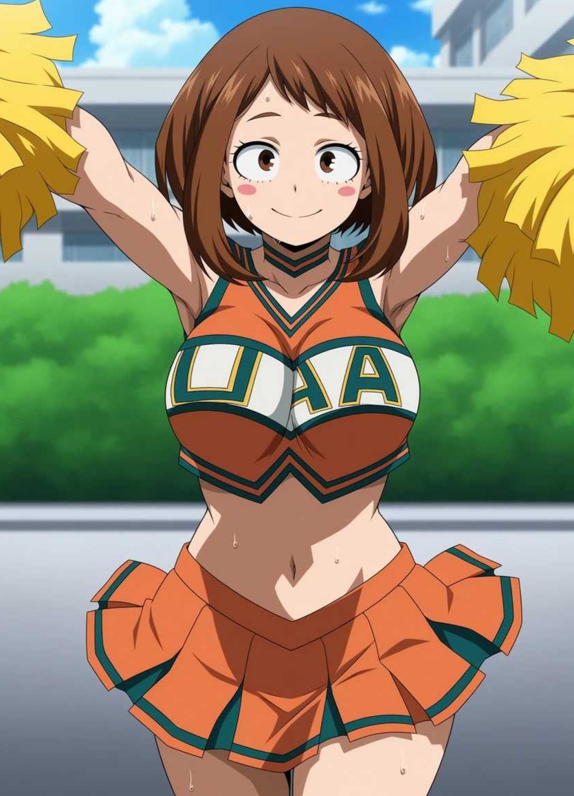 1girls, ai generated, brown-haired female, cheerleader, female, hands up, hips, my hero academia, ochako uraraka, smile, solo