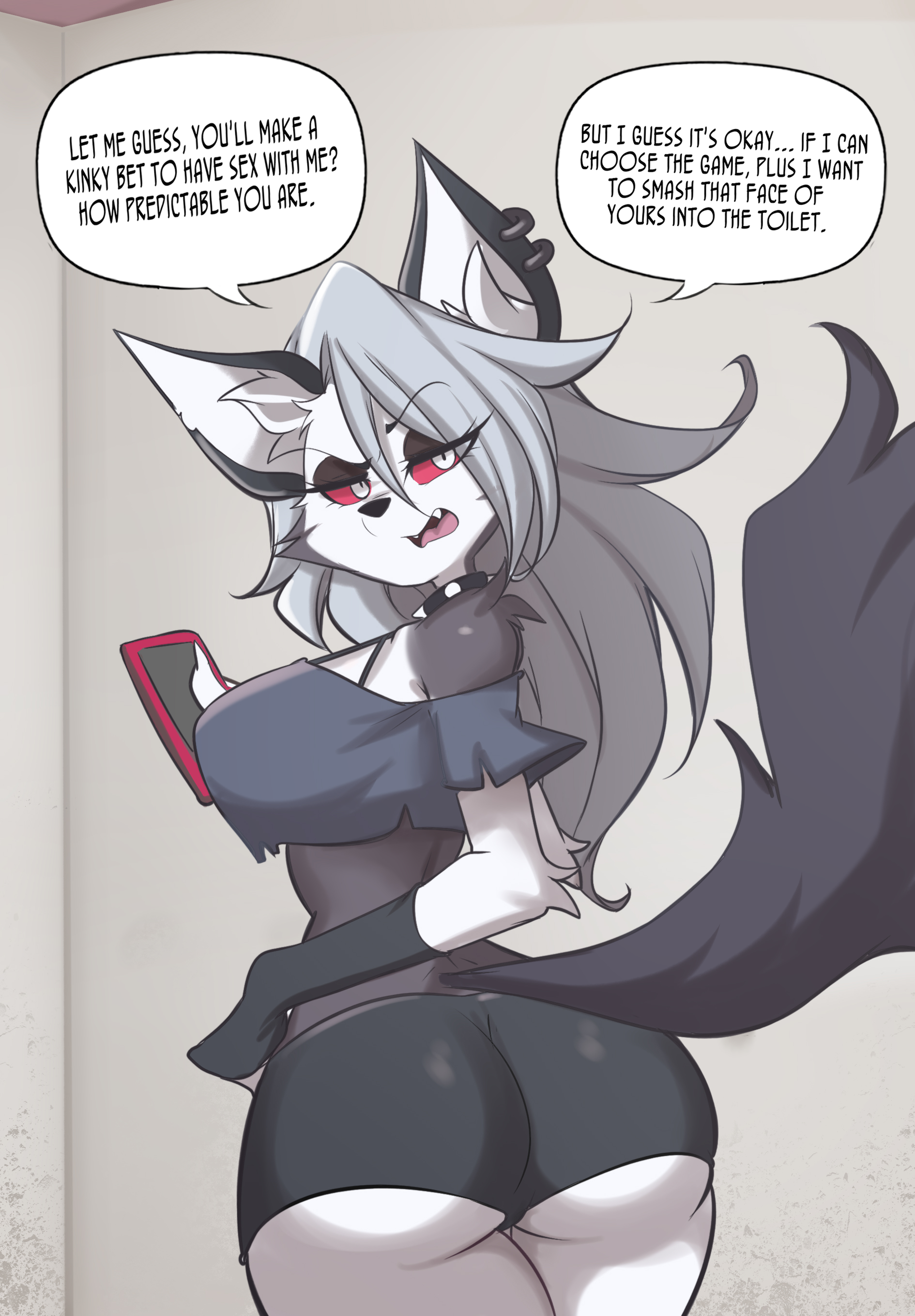 1girls, anthro, armwear, ass, big ass, big breasts, bottomwear, breasts, bubble ass, bubble butt, choker, clothed, clothing, female, female only, furry, furry female, furry only, grey hair, hair, hellhound, helluva boss, loona (helluva boss), lucyfercomic, open mouth, phone, rear view, red eyes, shorts, speech bubble, tail, text, thick thighs, topwear, white body, wide hips