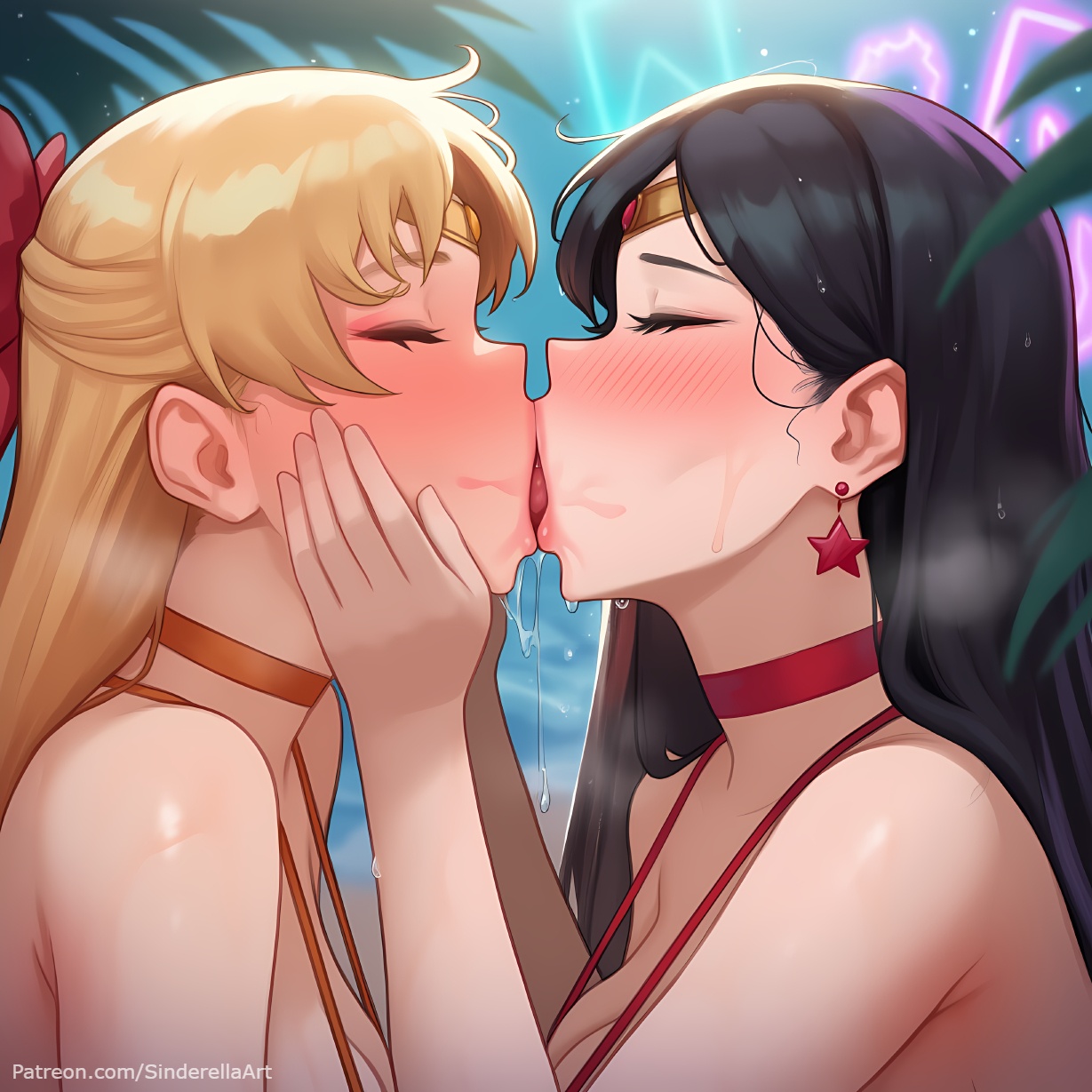 2girls, ai generated, bishoujo senshi sailor moon, breasts, busty, commission, female, kissing, micro bikini, minako aino, patreon, patreon url, patreon username, public, rei hino, sailor mars, sailor venus, sinderellaart, thick, voluptuous, yuri