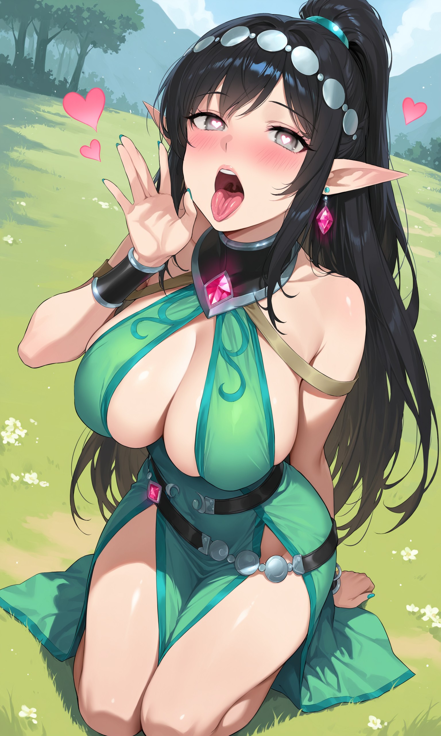 1girls, ai generated, alternate breast size, black hair, breasts, elf, elf ears, female, female only, grey eyes, heart eyes, heart-shaped pupils, looking at viewer, paladins (game), solo, suggestive, suggestive pose, ying (paladins)