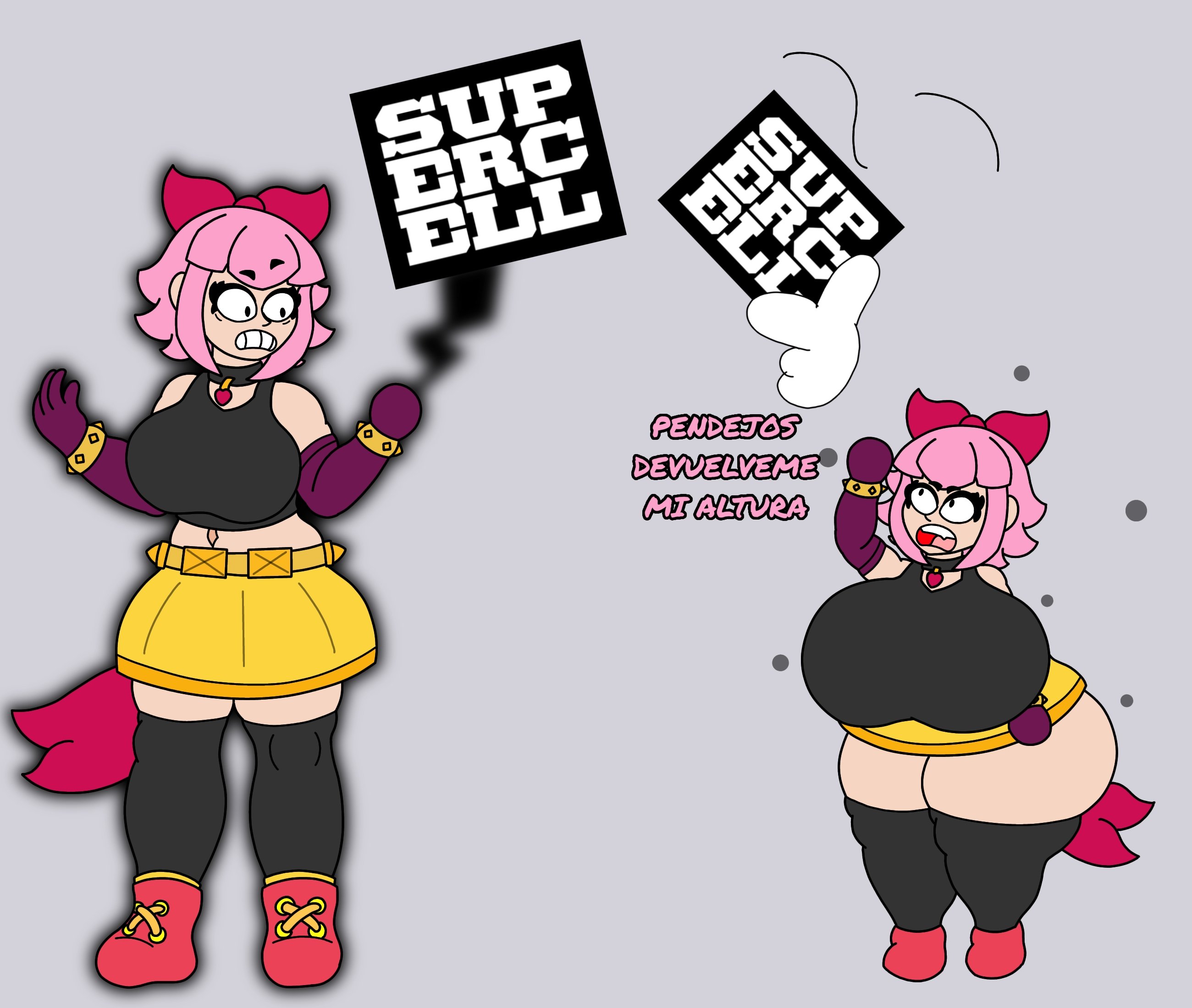 1girls, 3d glasses shorty, angry expression, angry face, ass, big ass, big breasts, brawl stars, breasts, chocker, clothing, español, female, female only, forced transformation, half, huge ass, huge breasts, huge butt, make melodie tall again, melodie (brawl stars), pink hair, pink short hair, ribbon, shorts, shortstack, simple background, stockings, supercell, surprised, surprised expression, thick thighs, thighhighs, thunder thighs, tie, transformation, transformation sequence, wide hips, xd