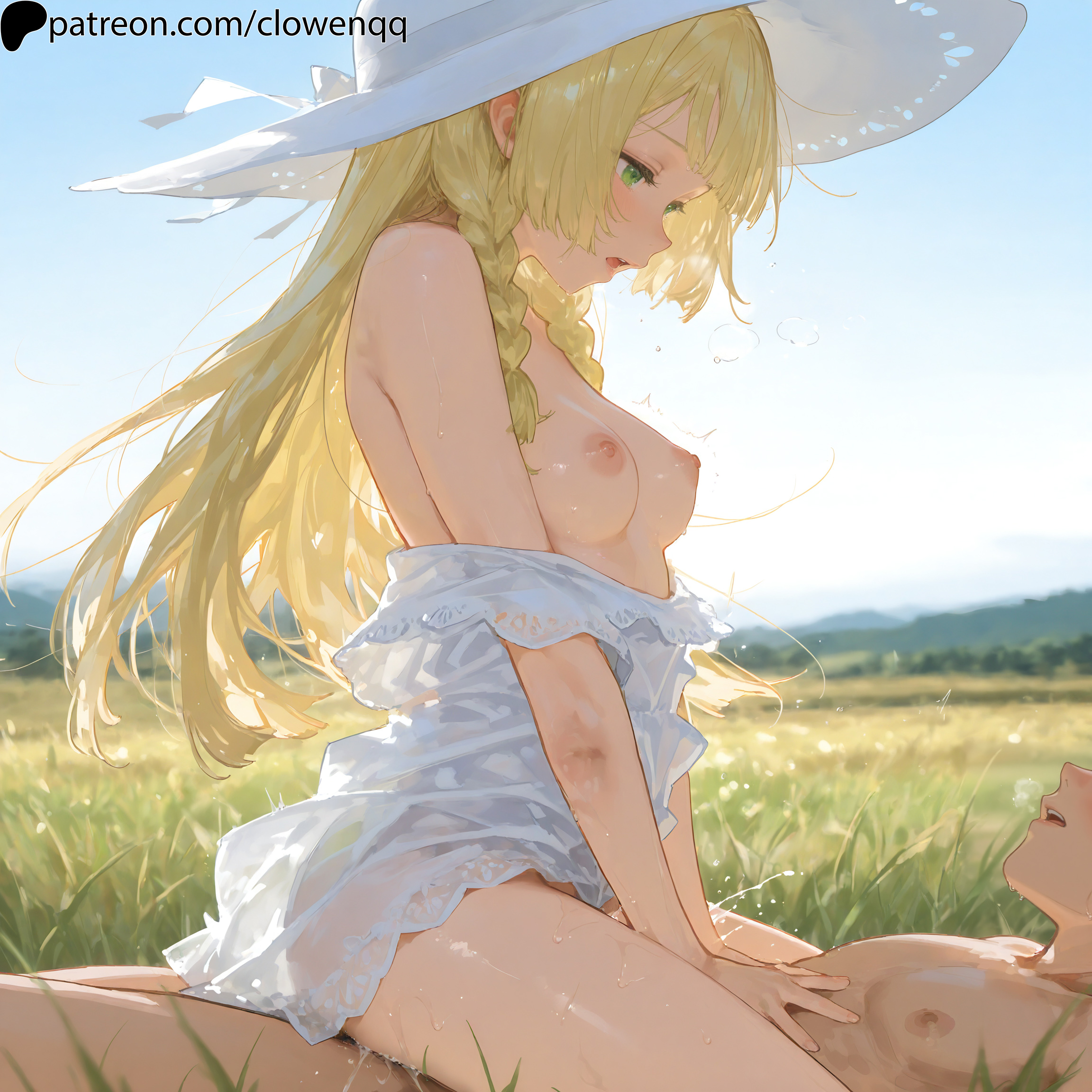 1boy, 1girls, ai generated, areola, areolae, bangs, blonde hair, breasts, clowenqq, cowgirl position, dress, exposed breasts, female, female focus, from side, green eyes, lillie (pokemon), long hair, looking down, male, male penetrating, male penetrating female, male/female, nintendo, nipples, no bra, open mouth, outdoors, pokemon, pokemon sm, sex, sitting, sitting on person, sleeveless, sleeveless dress, small breasts, sun hat, thighs, twin braids, white dress