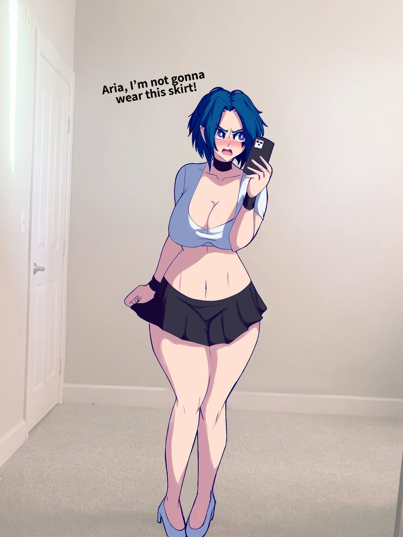 1girls, big breasts, blue eyes, blue hair, breasts, choker, clothed, embarrassed, female, female focus, female only, high heels, miniskirt, rosetta (sebs i art), sebs i art, selfie, short hair, skirt, solo, solo female, solo focus, thick, thick thighs