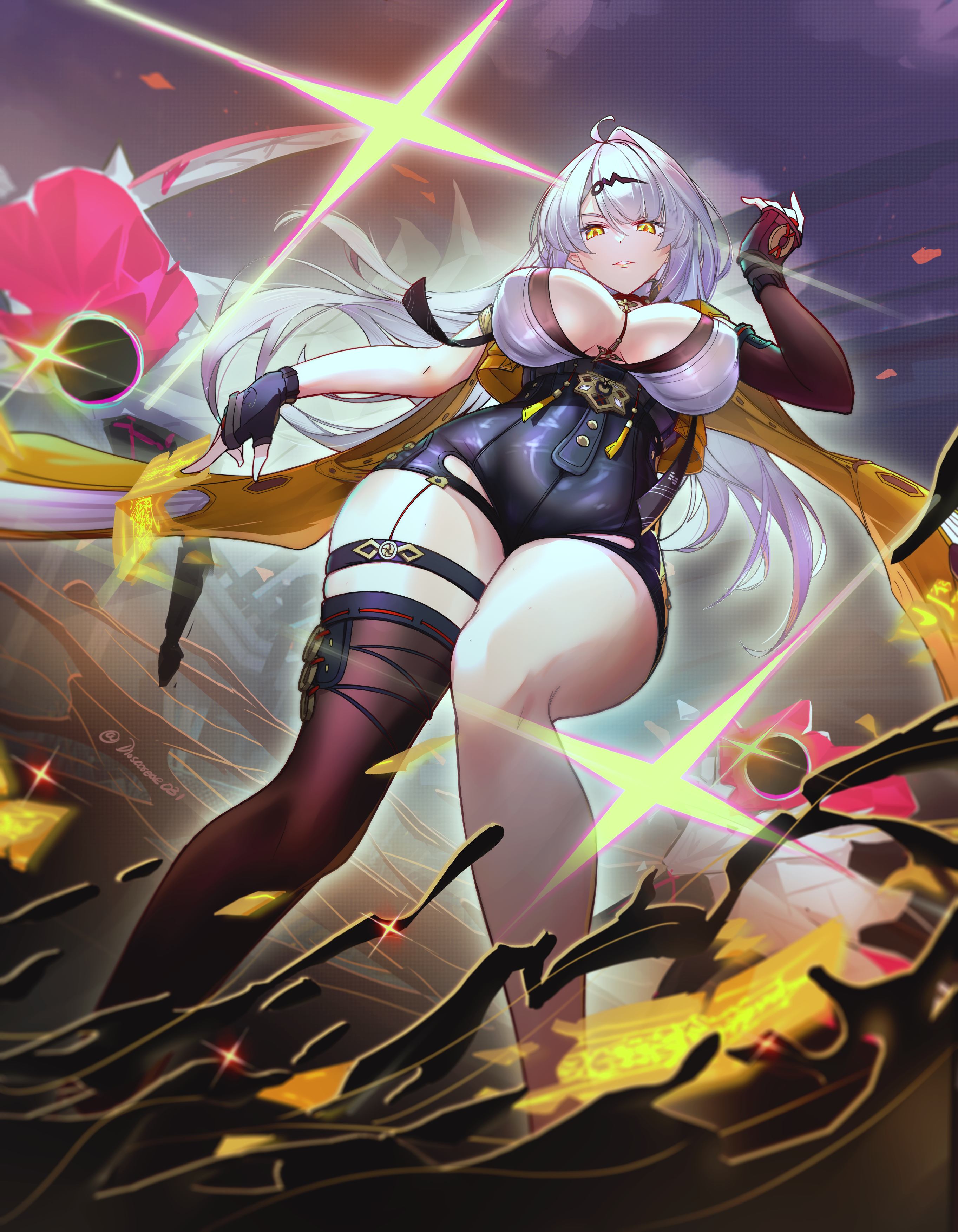 absurdres, ahoge, asymmetrical gloves, between fingers, black gloves, black thighhighs, breasts, breasts apart, covered erect nipples, dioscoreae031, female, female only, fingerless gloves, from below, glint, gloves, hair ornament, high-waist shorts, highres, holding, jacket, large breasts, long hair, looking at viewer, looking down, ofuda, ofuda between fingers, parted lips, shorts, single thighhigh, smile, sparkle, thick thighs, thigh strap, thighhighs, thighs, twitter username, uneven gloves, white hair, yellow eyes, yixuan (zenless zone zero), yunkui summit, zenless zone zero