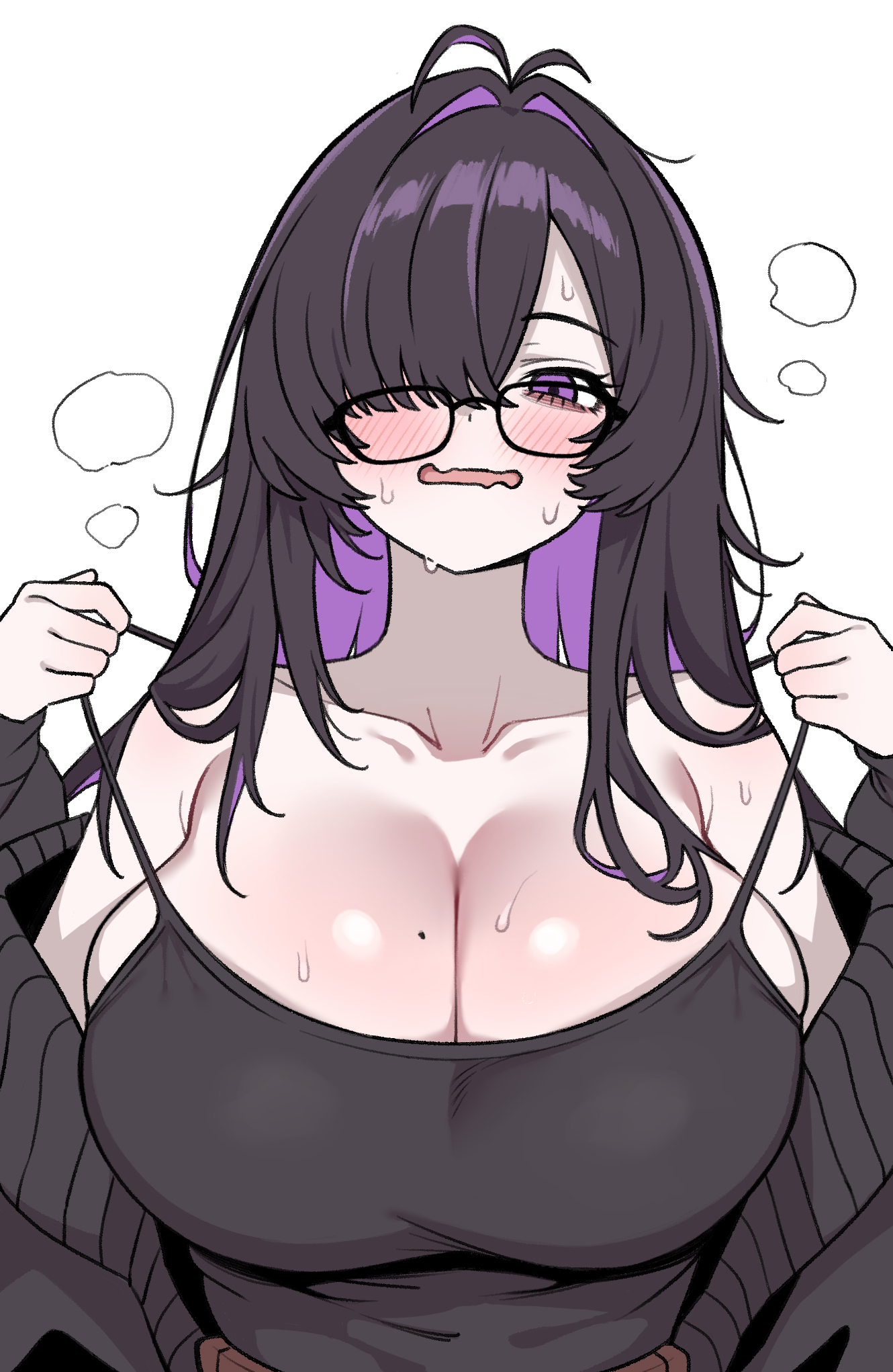 1girls, antenna hair, bags under eyes, black cardigan, black dress, black hair, black-framed eyewear, blush, breasts, cardigan, collarbone, colored inner hair, commentary request, dress, glasses, goddess of victory: nikke, hair over one eye, highres, korean commentary, label (nikke), large breasts, long hair, looking at viewer, mole, mole on breast, multicolored hair, one eye covered, partial commentary, purple hair, simple background, siribang1215, sleeveless, sleeveless dress, solo, spaghetti strap, straight hair, sweat, two-tone hair, upper body, white background