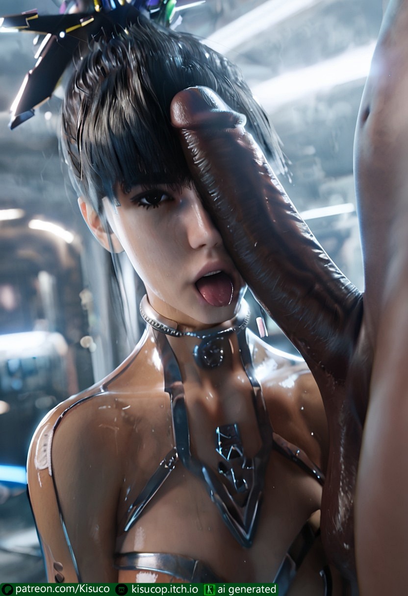 ai generated, cock worship, dark skin, dark-skinned male, eve (stellar blade), female, fringe hair, gynoid, imminent oral, interracial, kisuco, light skin, light-skinned female, looking at viewer, male, pale skin, pale-skinned female, penis, penis against cheek, penis against face, penis on cheek, ponytail, posing with dick, posing with penis, provocative, selfie, selfie with penis, skin suit (stellar blade), skinsuit, stellar blade, sweatdrop, tongue, tongue out, touching penis