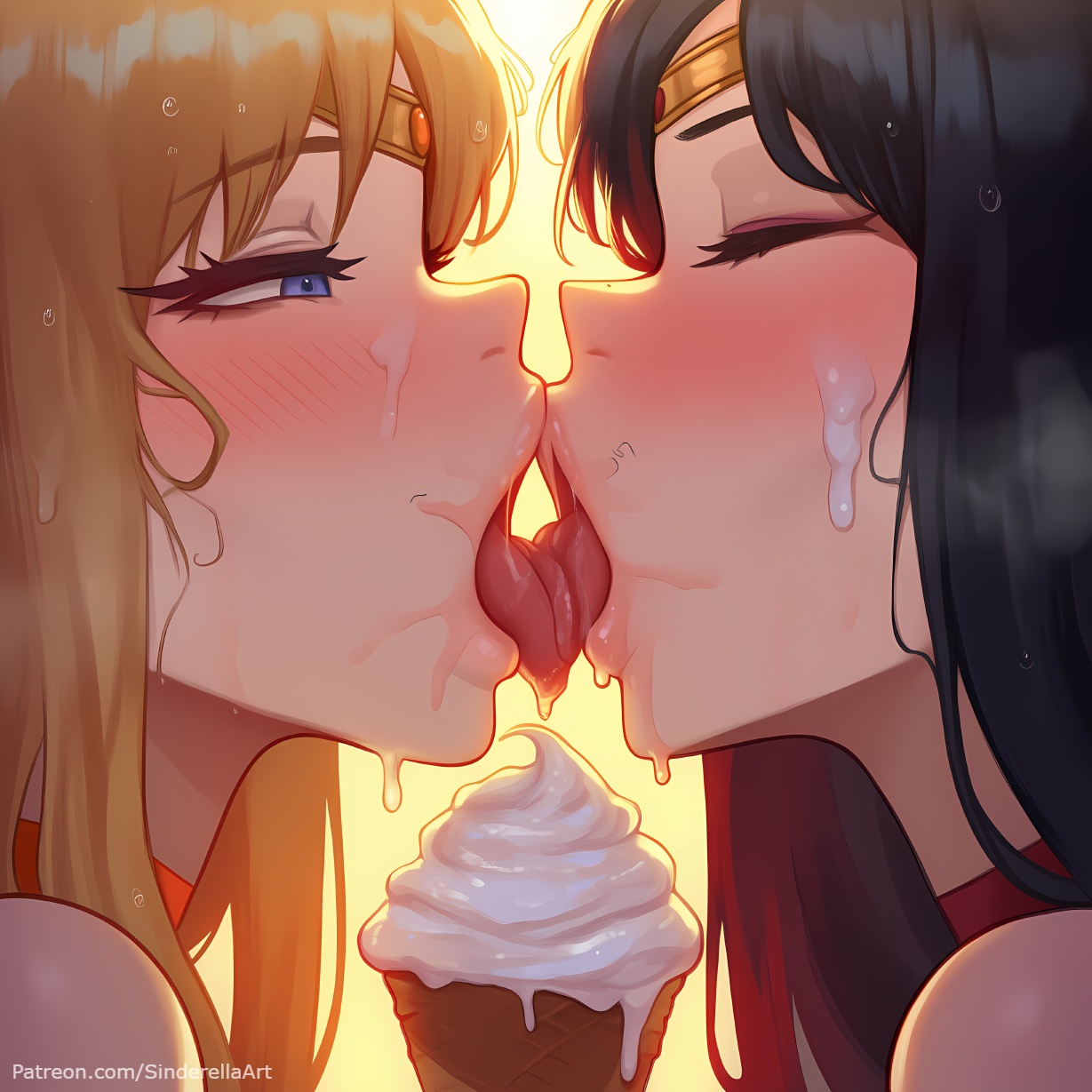2girls, ai generated, bishoujo senshi sailor moon, breasts, busty, commission, dripping, female, ice cream, licking, minako aino, patreon, patreon url, patreon username, rei hino, sailor mars, sailor venus, sinderellaart, straight, thick, voluptuous