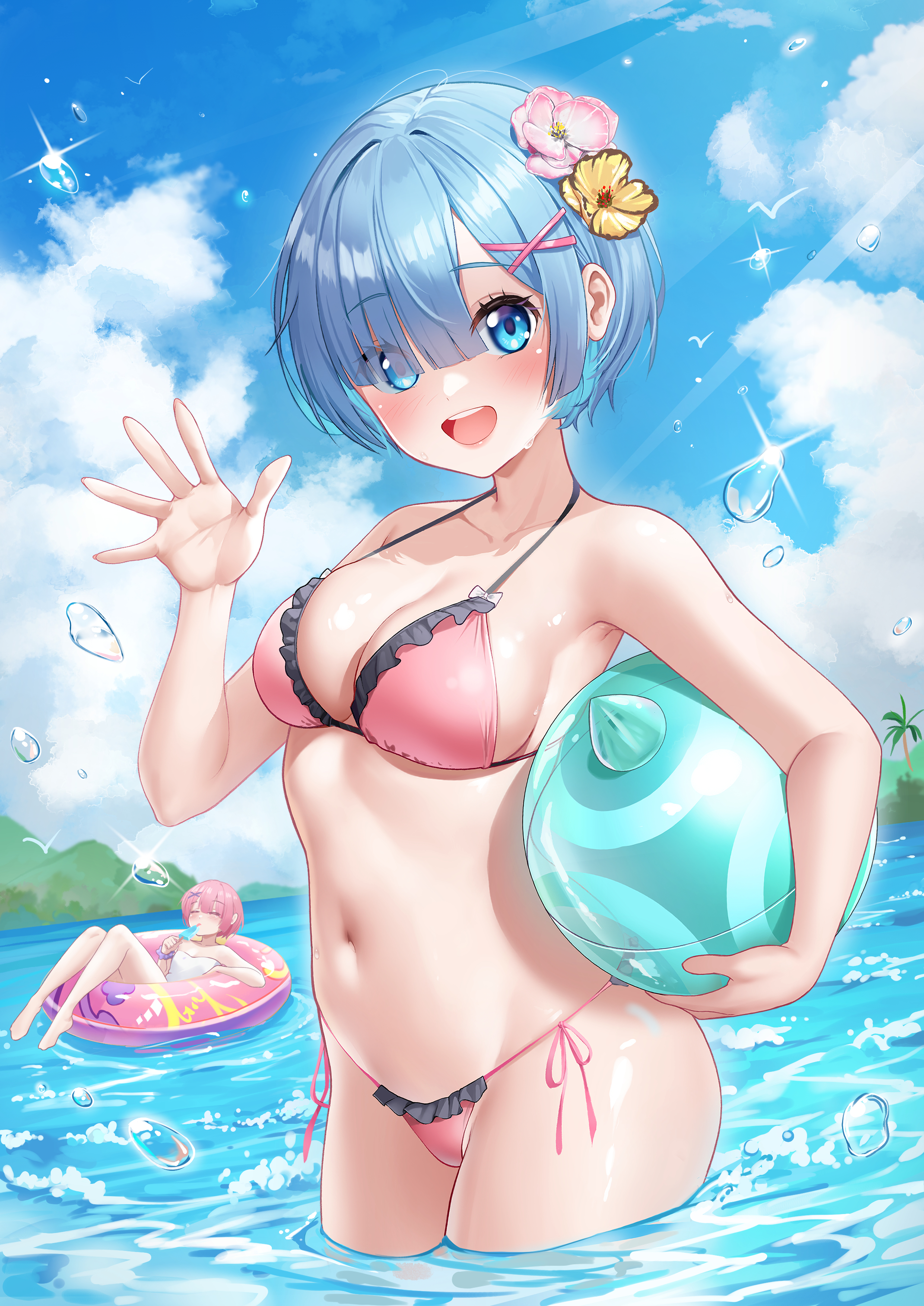 2girls, absurdres, bikini, blue eyes, blue hair, blue sky, breasts, cloud, commentary, commission, day, english commentary, female, female only, flower, frilled bikini, frills, hair flower, hair ornament, hair over one eye, highres, innertube, medium breasts, multiple females, multiple girls, outdoors, pink bikini, pink ribbon, ribbon, short hair, siblings, side-tie bikini bottom, sisters, sky, smile, solo focus, swim ring, swimsuit, twins, wading, washout008, waving, x hair ornament