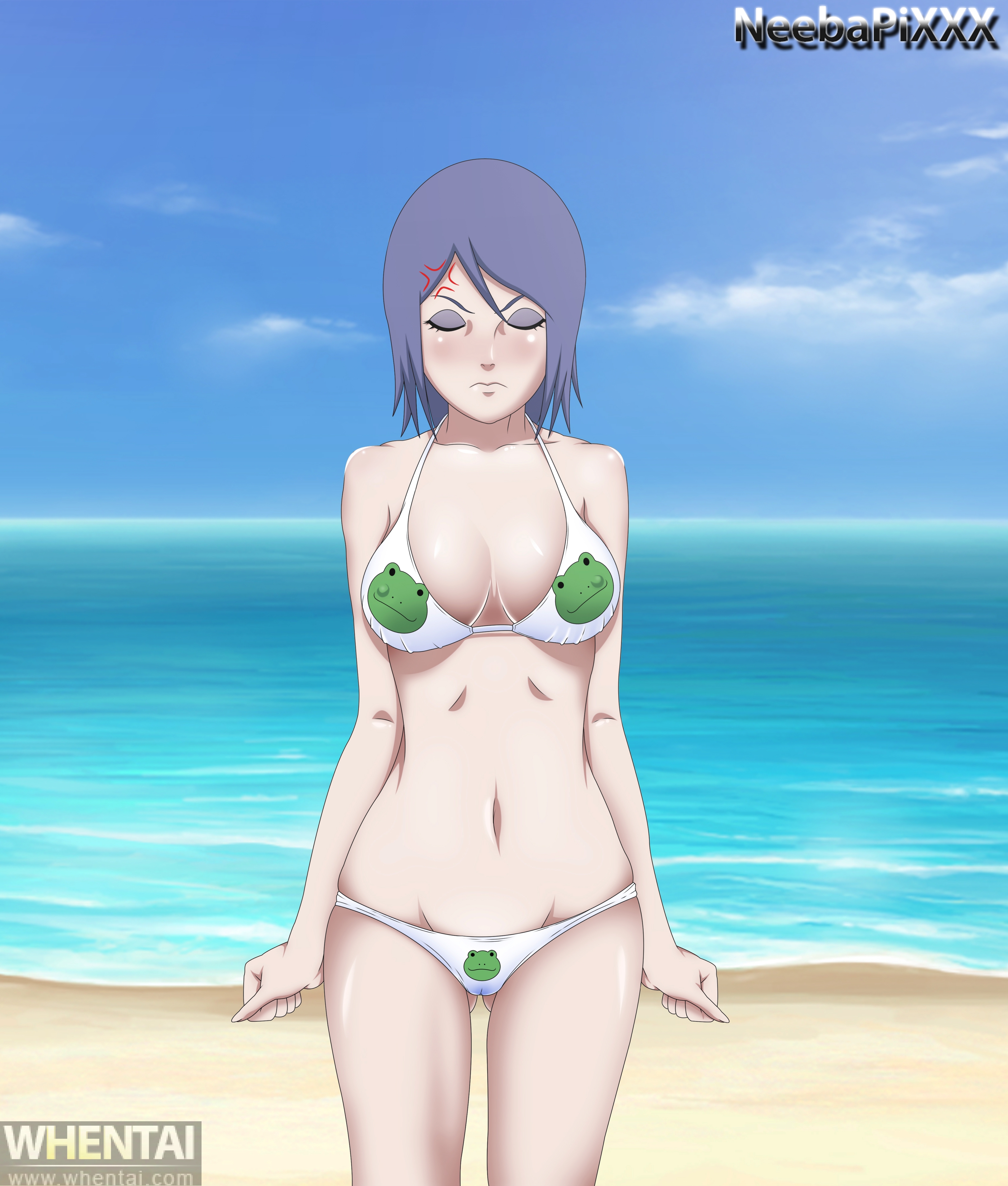 1girls, angry, beach, bikini, blue hair, blue-haired female, blush, breasts, closed eyes, cloud, female, female only, konan, large breasts, legs, light skin, light-skinned female, naruto, naruto (series), navel, neeba, pale skin, pale-skinned female, purple hair, short hair, solo, tagme, water, whentai