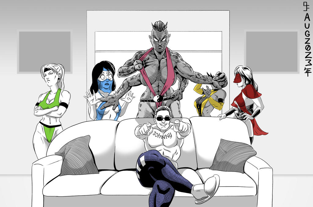 1male 4_arms 4girls big_breasts casting_couch cleavage couch delia_(mortal_kombat) edenian grin horns johnny_cage kitana large_breasts long_hair making_a_porno monster monster_girl mortal_kombat muscular muscular_male ponytail princess shades sheeva shokan short_hair smug sonya_blade sunglasses tanya_(mortal_kombat) tattoo toned ying_yang_symbol