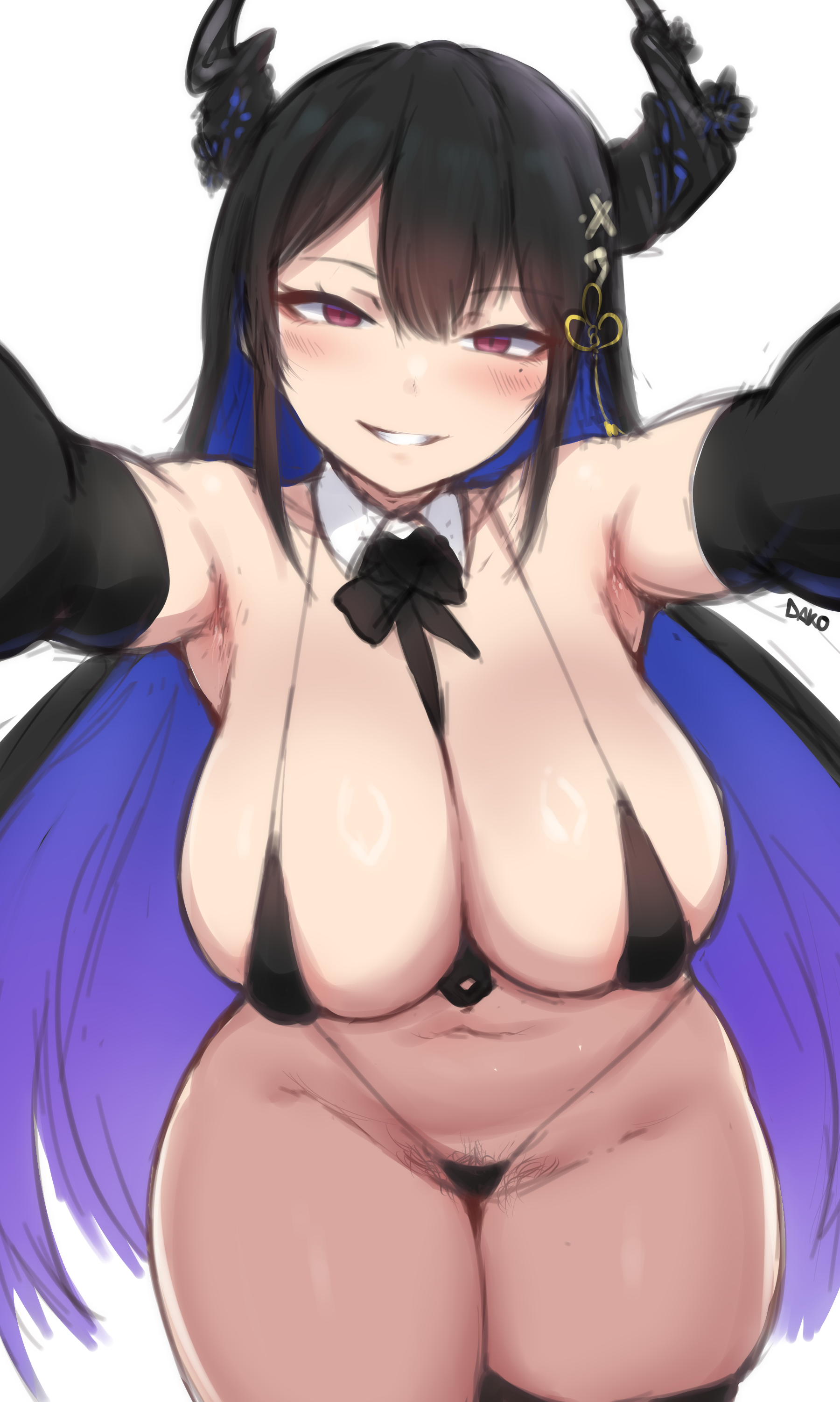 1girls, about to burst, armpits, barely contained, barely contained breasts, barely fits, black hair, blue hair, breasts, breasts too big, dako, dakosito, female, female focus, female only, female pubic hair, hairy pussy, hololive, hololive english, hololive english -advent-, horns, imminent wardrobe malfunction, large breasts, long hair, micro bikini, nerissa ravencroft, pubic hair, pussy, simple background, sling bikini, smiling at viewer, solo female, tight bikini, tight fit, tight swimsuit, tight swimwear, tits, too tight, undersized clothes, undersized clothing, virtual youtuber