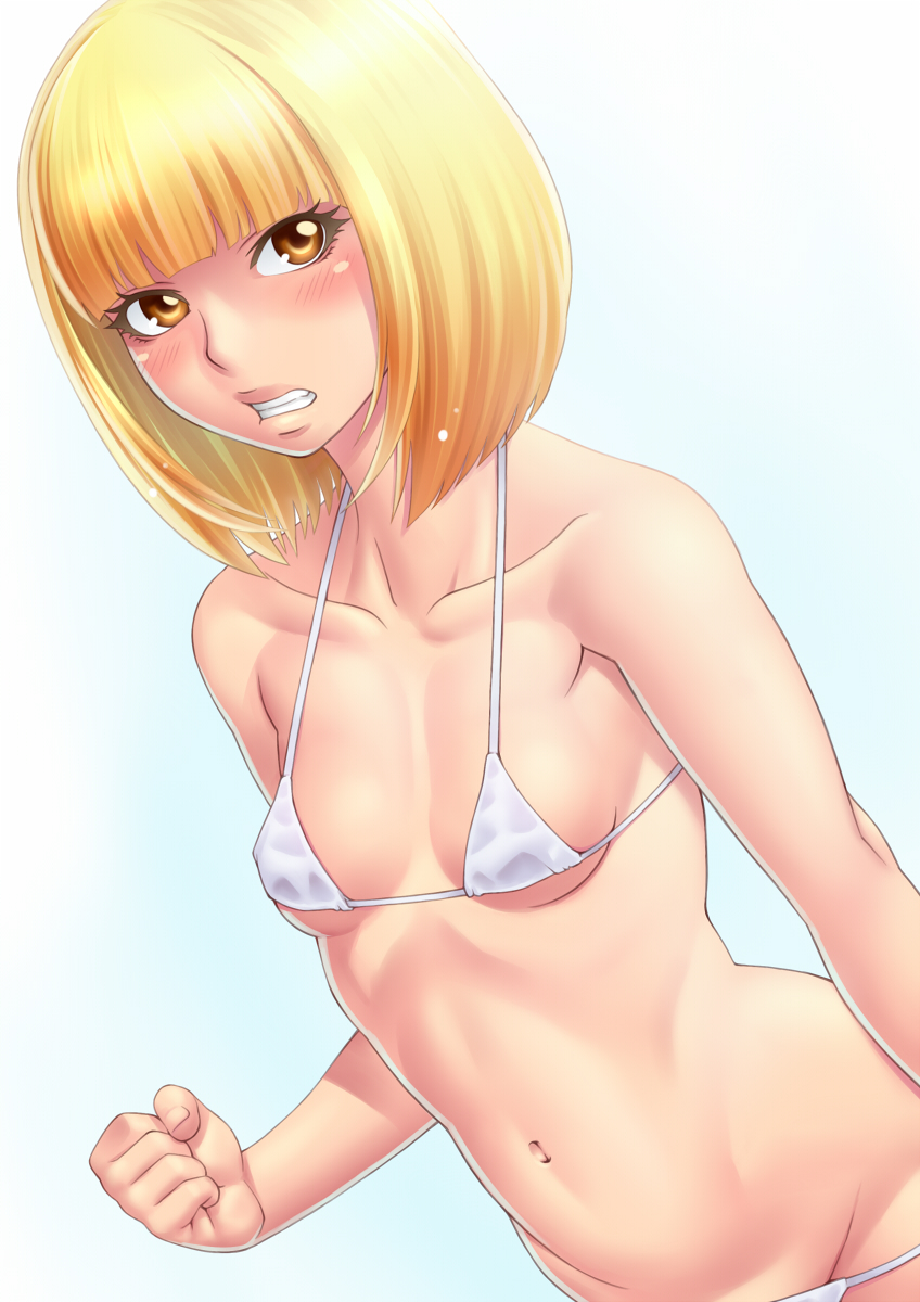 1girls angry belly bikini blonde_hair blush breasts clenched_teeth female female_only looking_at_viewer midorikawa_hana orange_eyes prison_school short_hair small_breasts solo stomach