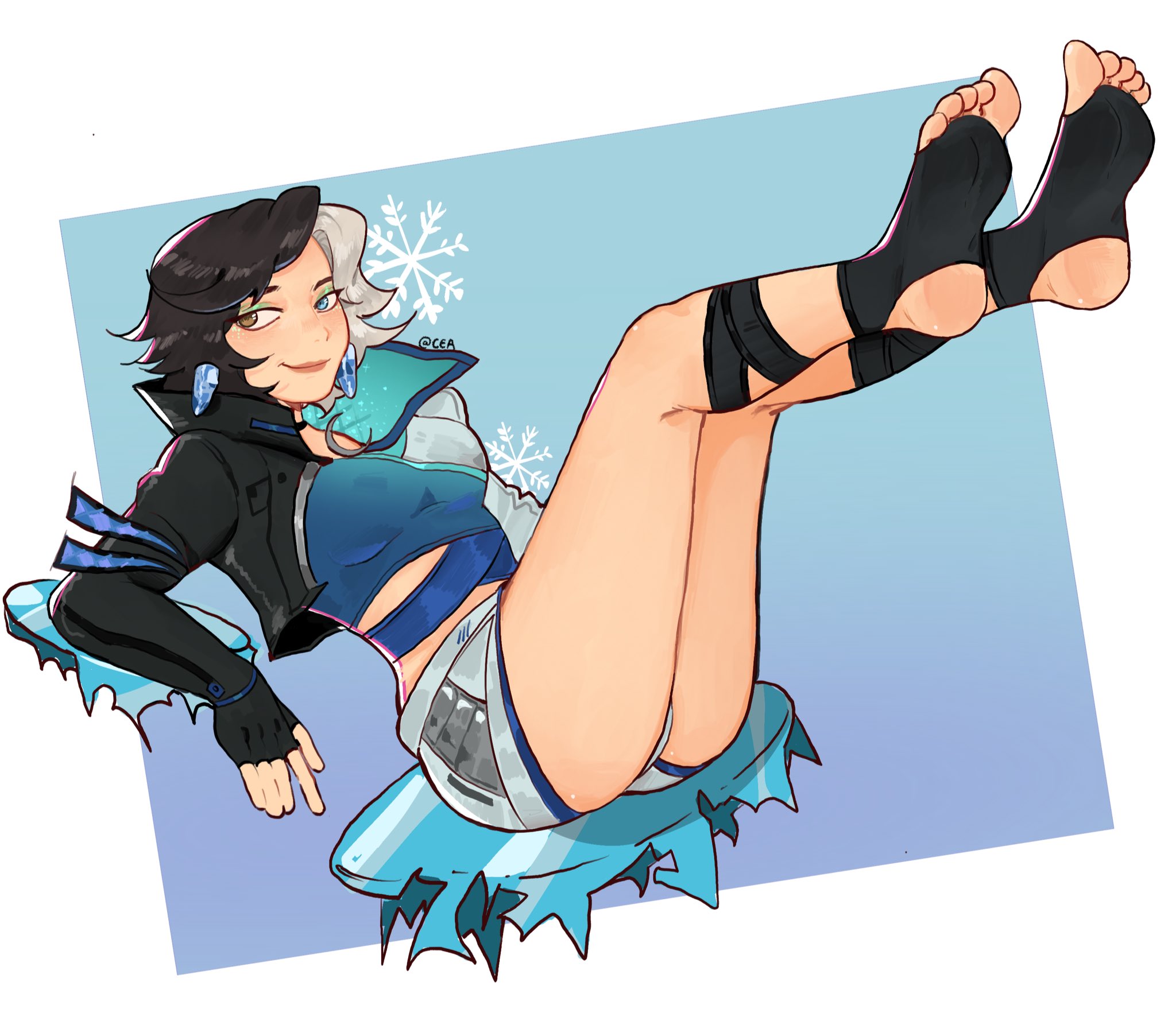 1girls, 2025, 2d, 2d (artwork), artist signature, ass, black hair, blue background, blue eyes, brown eyes, clothed, clothed female, cyadraws, earrings, feet, female, female only, foot fetish, heterochromia, human, human only, legs, legs up, light skin, light-skinned female, looking away, luna snow, luna snow (marvel rivals), marvel, marvel comics, marvel rivals, multicolored hair, no sex, short hair, shorts, smile, snowflake, solo, solo female, stirrup legwear, stirrup socks, superheroine, thick thighs, toeless legwear, toes, wavy hair, white border, white hair