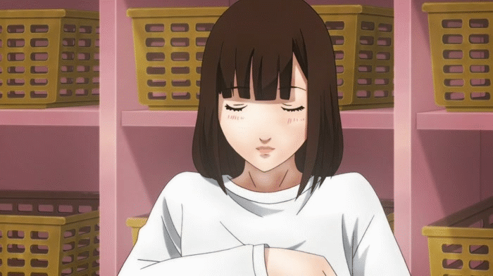 1girls animated armpits blush bob_cut bra breasts brown_eyes brown_hair closed_eyes female kurihara_chiyo large_breasts medium_breasts prison_school screencap shiny shiny_skin shirt_lift short_hair solo undressing upper_body white_bra