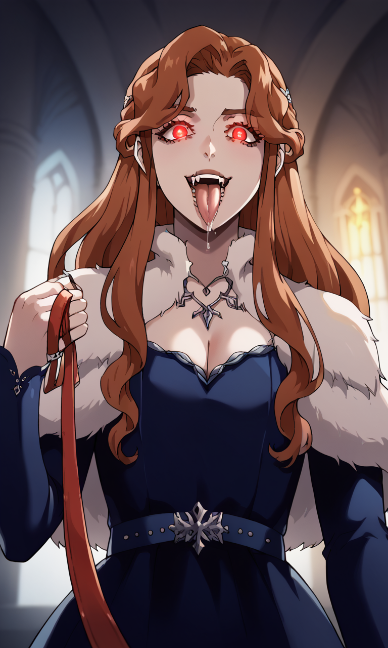 1girls ai_generated bigmic145 blue_dress braid breasts cape castlevania castlevania_(netflix) dressfur_trim fangs hair_ornament leash leashed_pov lenore_(castlevania) lips long_hair medium_breasts orange_hair petplay vampire vampire_girl wavy_hair