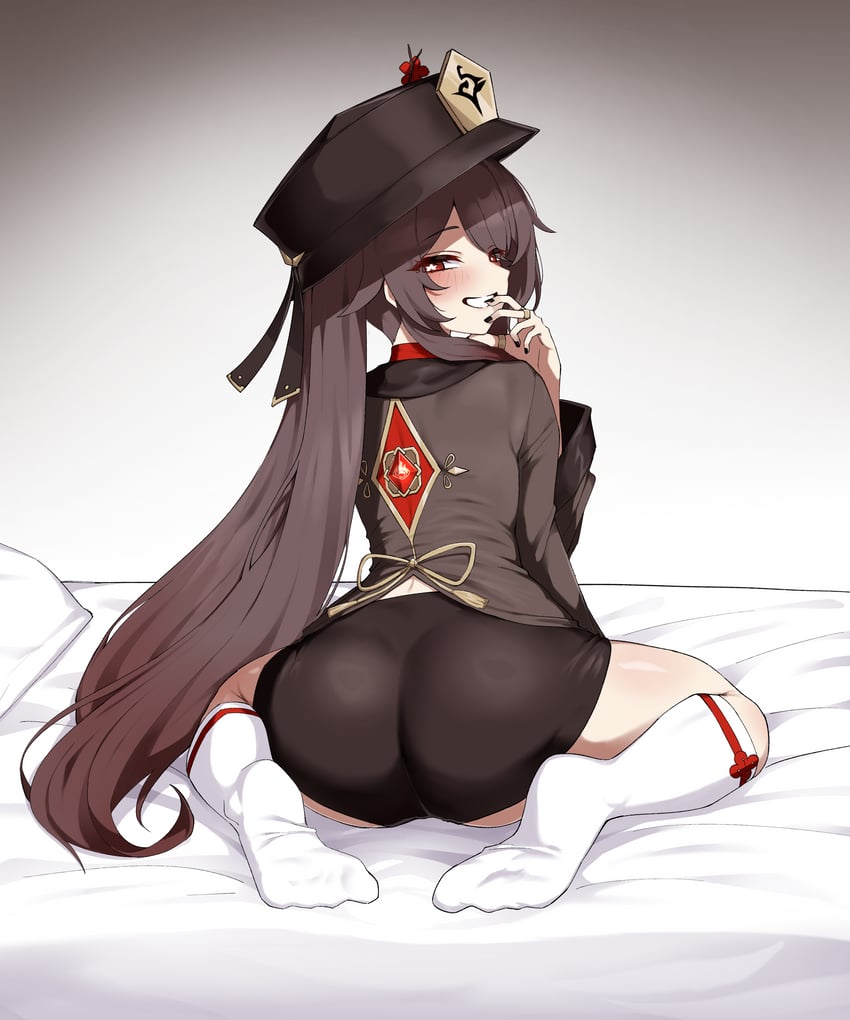 ass, black nails, feet, female, genshin impact, hahyaha, hu tao (genshin impact), long hair, looking at viewer, looking back, nail polish, on bed, shorts, simple background