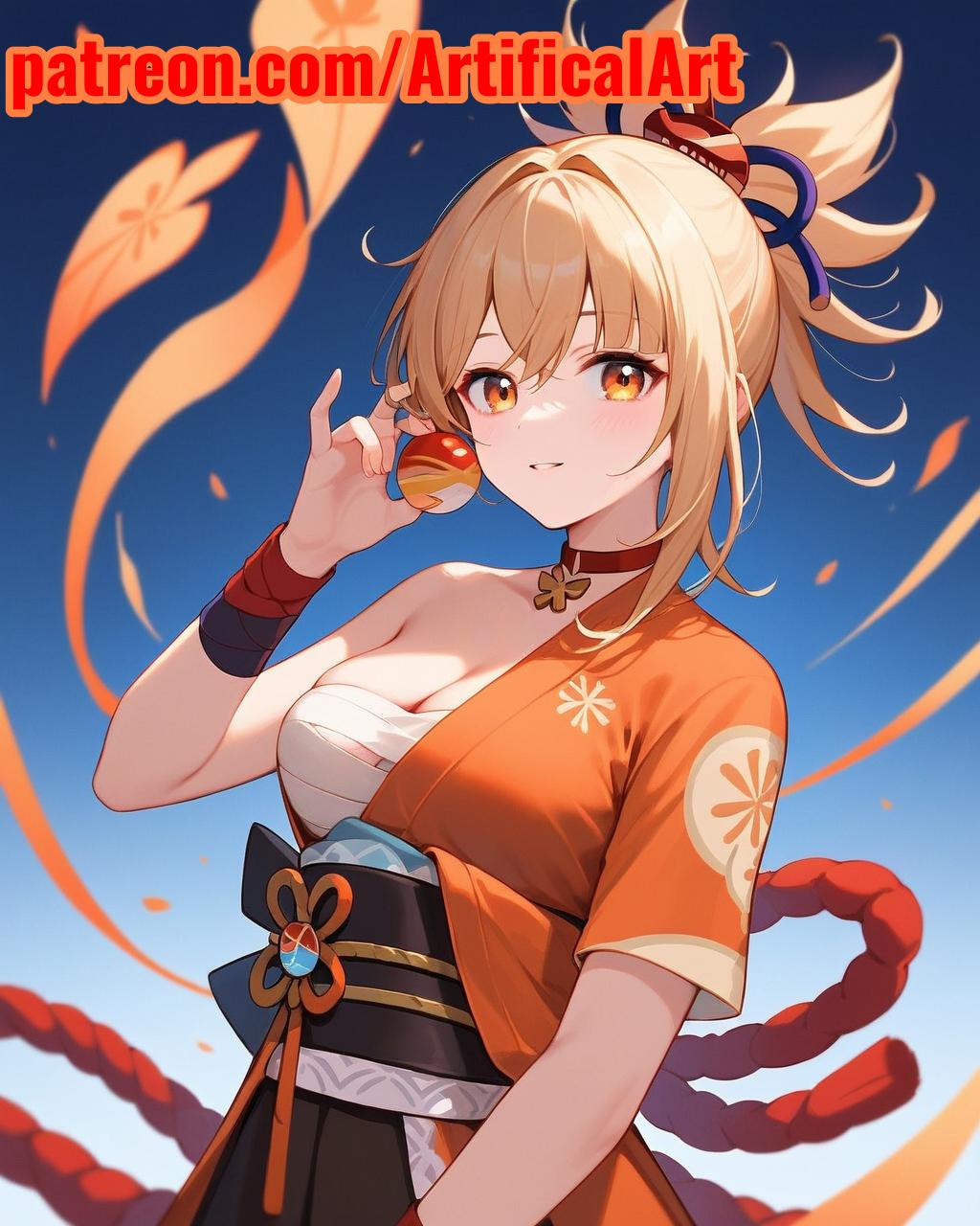 1girls ai_generated artifical_art blonde_female blonde_hair genshin_impact girl hair_ornament medium_hair orange_eyes perfect_body red_choker yoimiya_(genshin_impact)