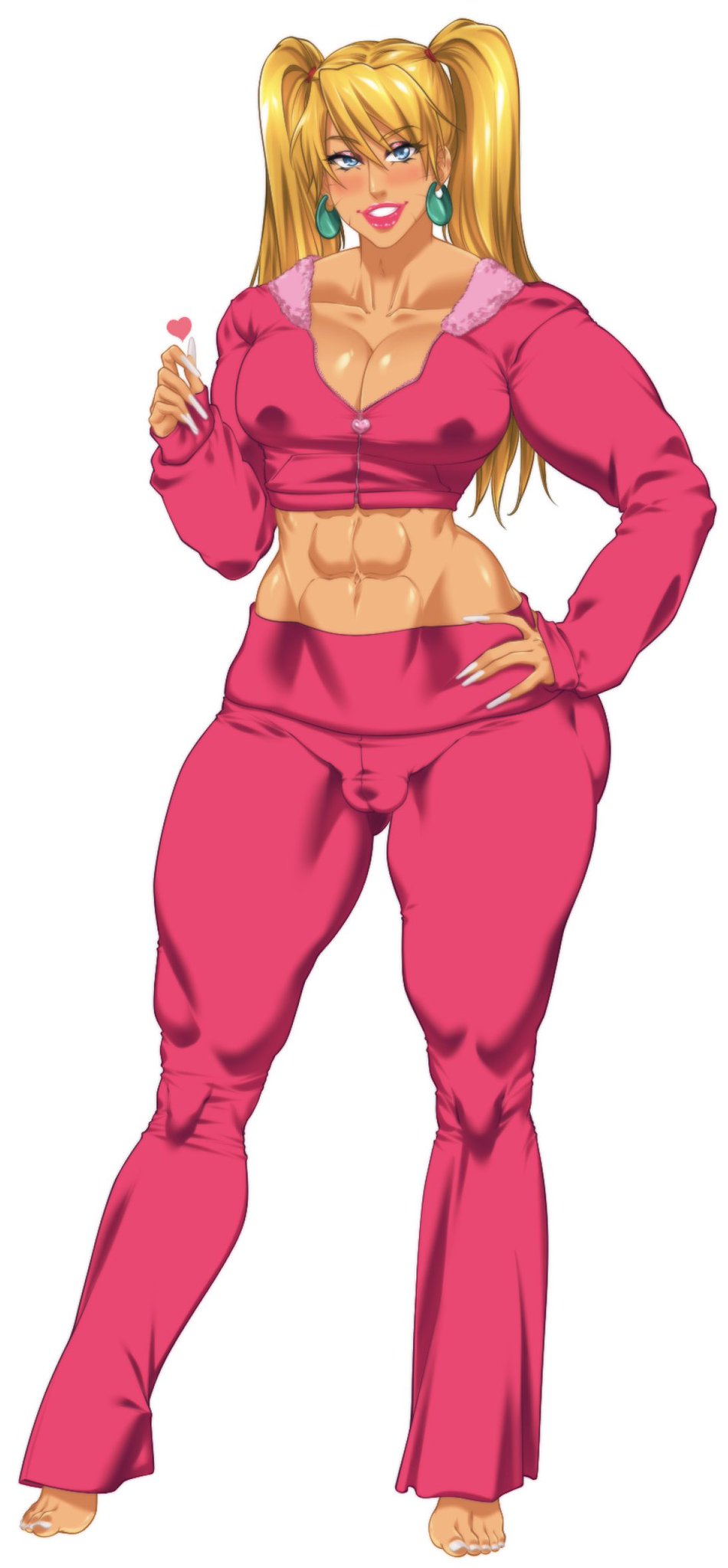 abs, blonde hair, breasts, bulge, cleavage, long nails, makeup, medium breasts, muscular male, naruko, naruto, naruto (series), pigtails, suiren ciao, tied hair, tiny penis, uzumaki naruto