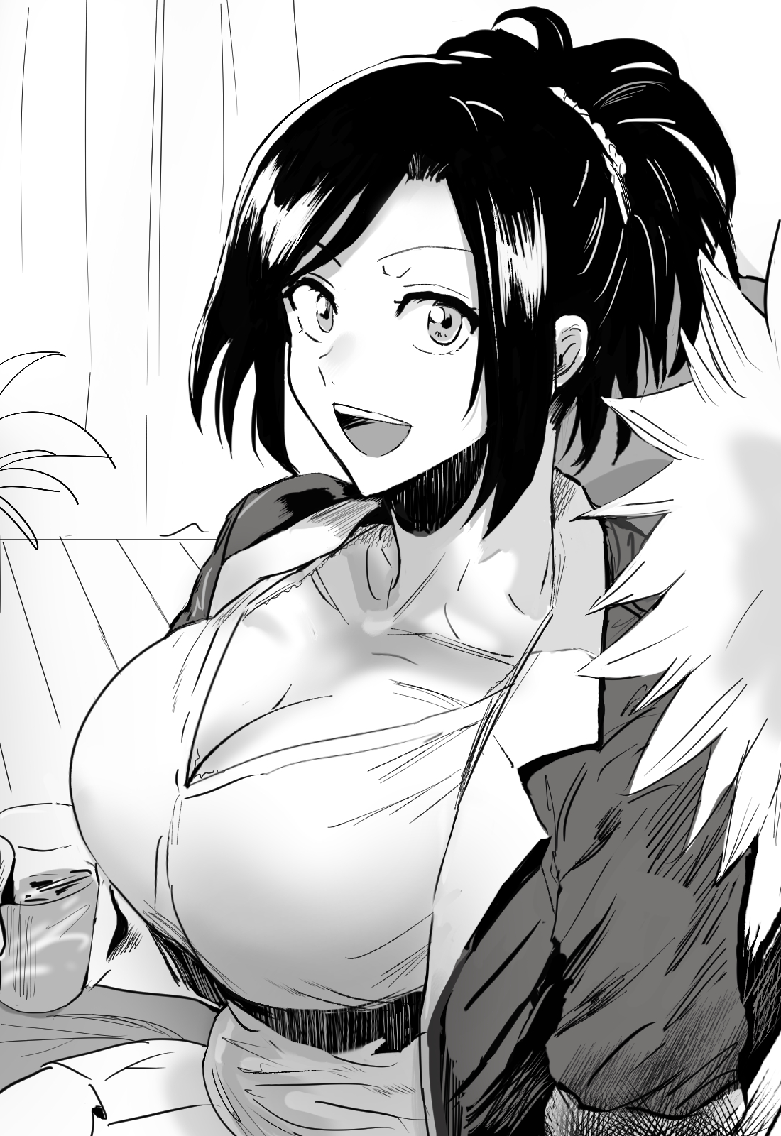 aged up, big breasts, black and white, bleach, breasts, cleavage, collarbone, daraz18aka, female, high ponytail, ichigo kurosaki, indoors, kurosaki karin, medium hair, open mouth, sitting, smile, upper body