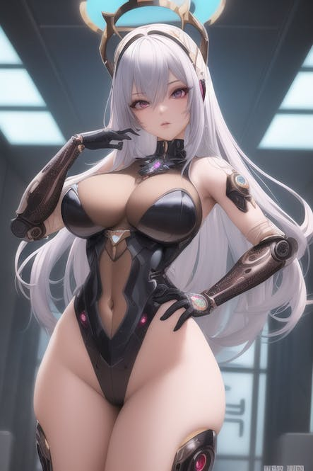 ai_generated angel big_ass big_breasts halo robot_girl sci_fi see-through suit white_hair