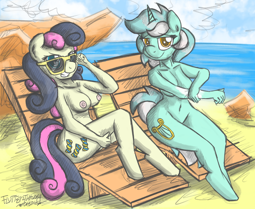 2016 amber_eyes anthro anthrofied ass barefoot beach blue_eyes blue_hair bonbon_(mlp) breasts casual_nudity chair cloud cutie_mark day detailed_background duo earth_pony equid equine eyebrows eyelashes eyewear eyewear_only feet female fluffy fluffy_tail flutterthrash friendship_is_magic fur furniture green_body green_fur green_hair green_horn grin hair half-closed_eyes hasbro hooves horn horse humanoid_hands long_hair looking_at_viewer lyra_heartstrings_(mlp) mammal multicolored_hair multicolored_tail my_little_pony mythological_creature mythological_equine mythology narrowed_eyes nipples nude nude_beach nudist orange_eyes outdoor_nudity outside pink_hair pink_nipples pony sand seaside side_boob signature sitting sky smile social_nudity sunglasses sunglasses_only tail teeth thick_thighs two_tone_hair unicorn water white_hair wide_hips yellow_body yellow_fur