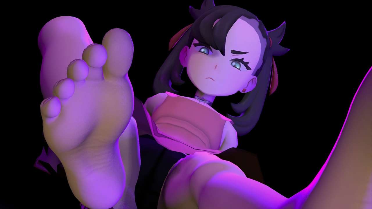 3d 3d_(artwork) barefoot black_background black_hair darkness earrings feet foot_fetish foot_focus game_freak giantess goth goth_girl green_eyes jinoo77707806 jinouga97 marnie_(pokemon) panties pink_dress pokemon pokemon_ss soles toes upskirt