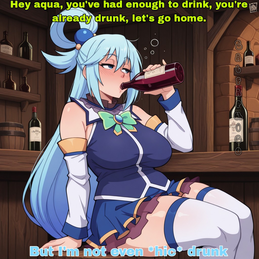 1girls ai_generated aqua_(konosuba) balfaphico clothed comic drunk drunk_bubble imminent_sex kono_subarashii_sekai_ni_shukufuku_wo! text wine wine_bottle